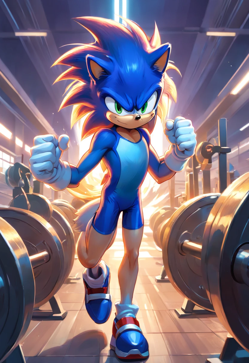 (a T-shirt illustration of a muscular Sonic the hedgehog, antrophomorphic, sonic the hedgehog, working out intensely in a gym)