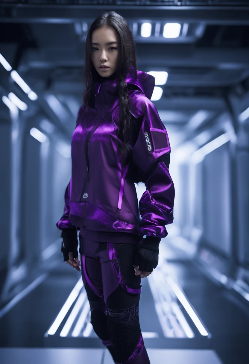 ((of the highest quality, 8K,RAW photo)), (Realistic, Photorealistic: 1.37), (Face focus: 1.1), Small breasts, Flat chest, Long hairs,、20yr old、(Dark purple concept sportswear: 1.4)、Full body concept trainers standing facing the camera Cinematic lighting,