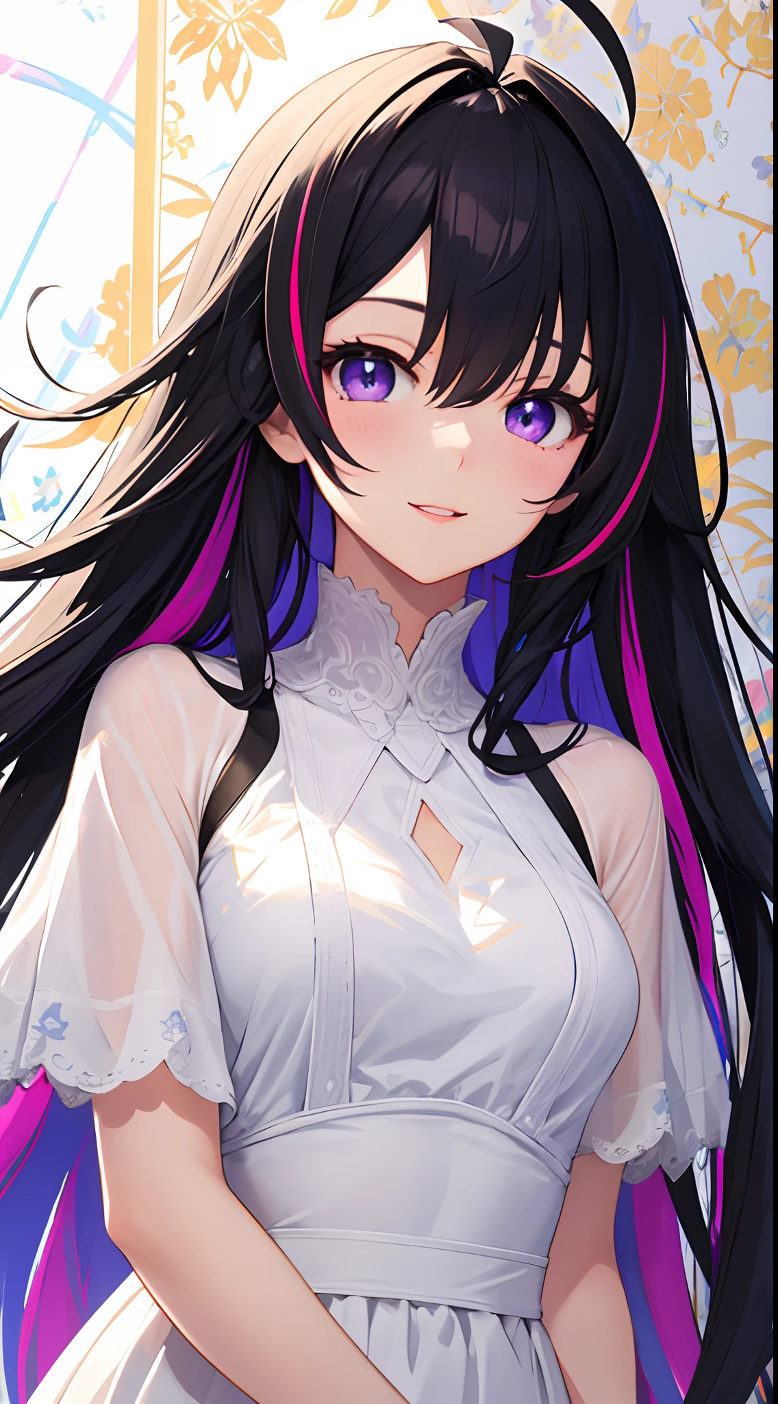 1girl, solo, long hair, ahoge, asymmetrical hair, crossed bangs, streaked hair, black hair, purple eyes, @@, cute face, expressive face, happy, beautiful detailed eyes, beautiful dress, white dress, light ray, colorful, high contrast, (masterpiece), wallpaper,