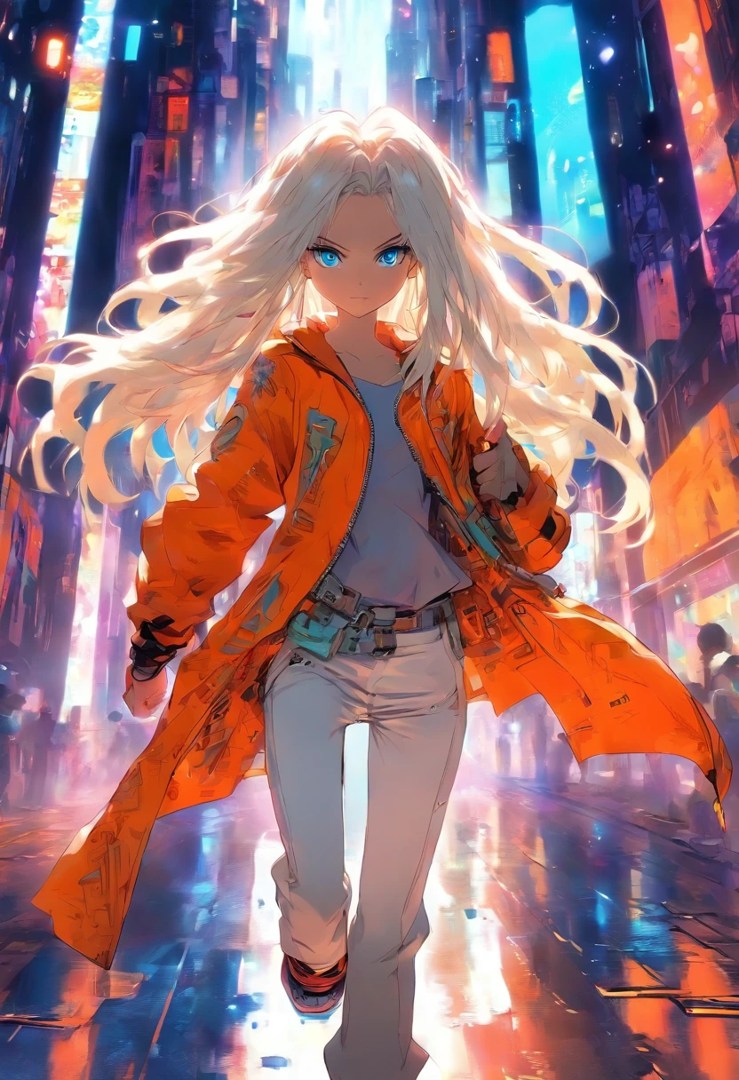 Little girl with long white hair wearing an orange jacket with white pants blue eyes manga style walking on an avenue of a cyberpunk city