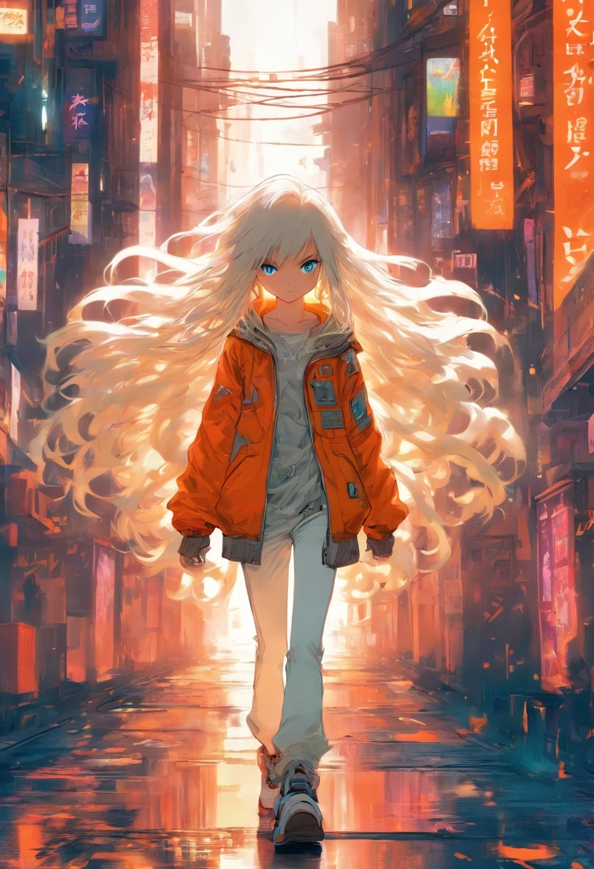  with long white hair wearing an orange jacket with white pants blue eyes manga style walking on an avenue of a cyberpunk city