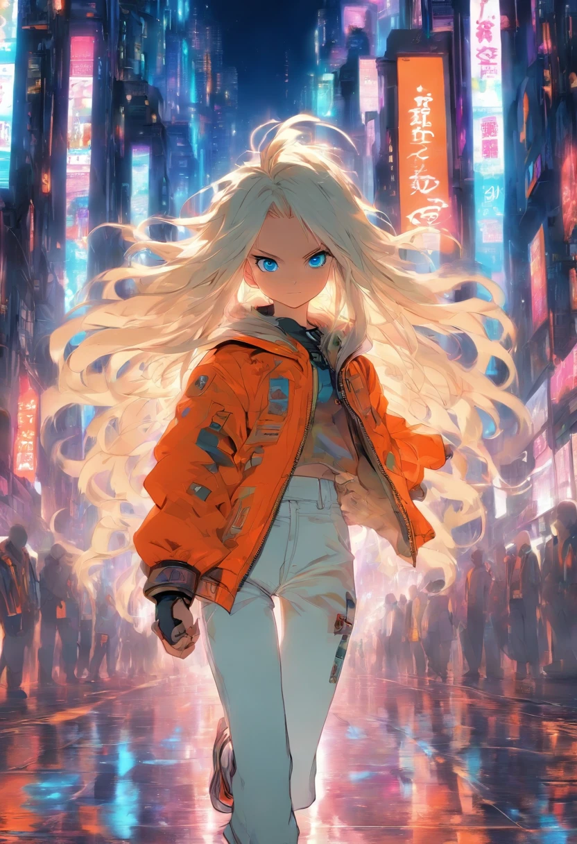  with long white hair wearing an orange jacket with white pants blue eyes manga style walking on an avenue of a cyberpunk city