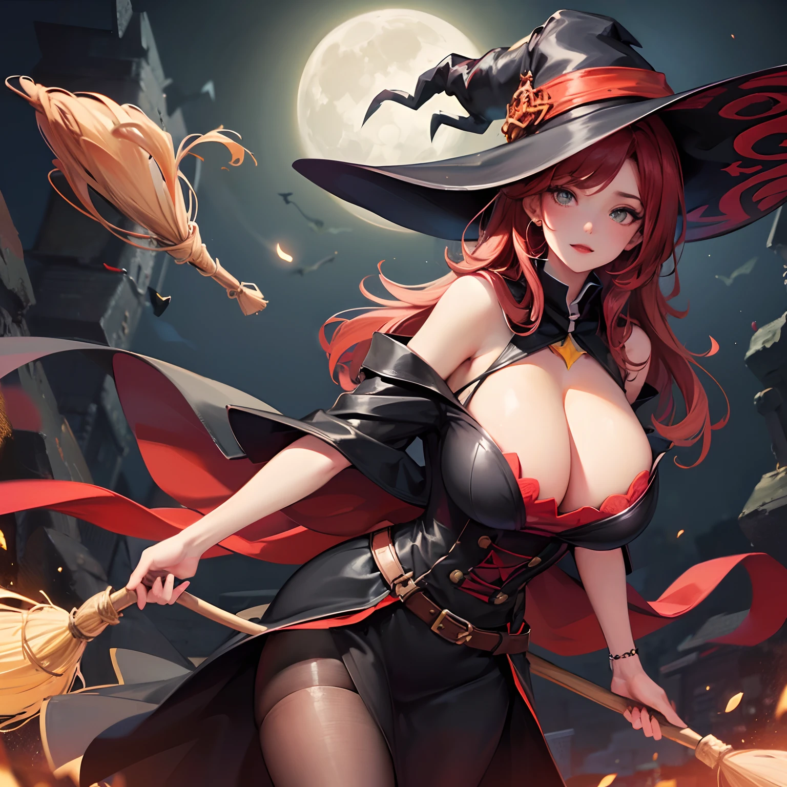 Sexy witch with huge tits (flying on a witch broom:1.5), wearing a black dress and large Witch hat. red hair, darkness, village, full moon