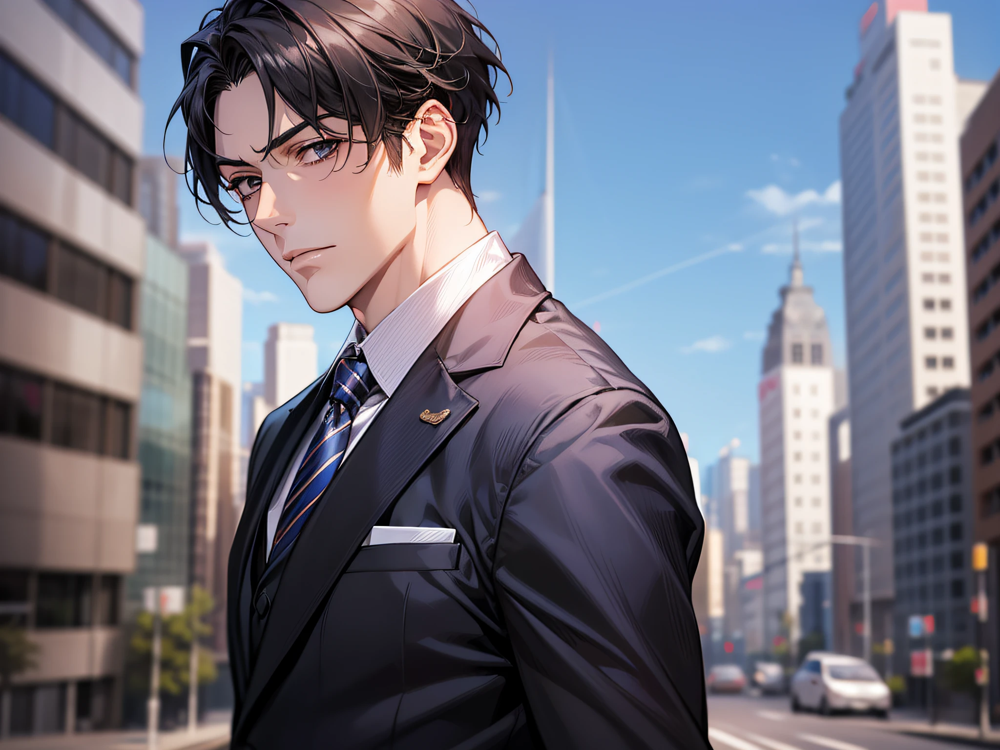 tmasterpiece，best qualtiy，1 male，AS-Adult，With short black hair，The shirt,Wearing a strict business suit, seminude、anime handsome guy,Wearing a strict business suit, Dark suit, Handsome anime pose in suit and tie, Handsome stunning realistic,Assault with a bet