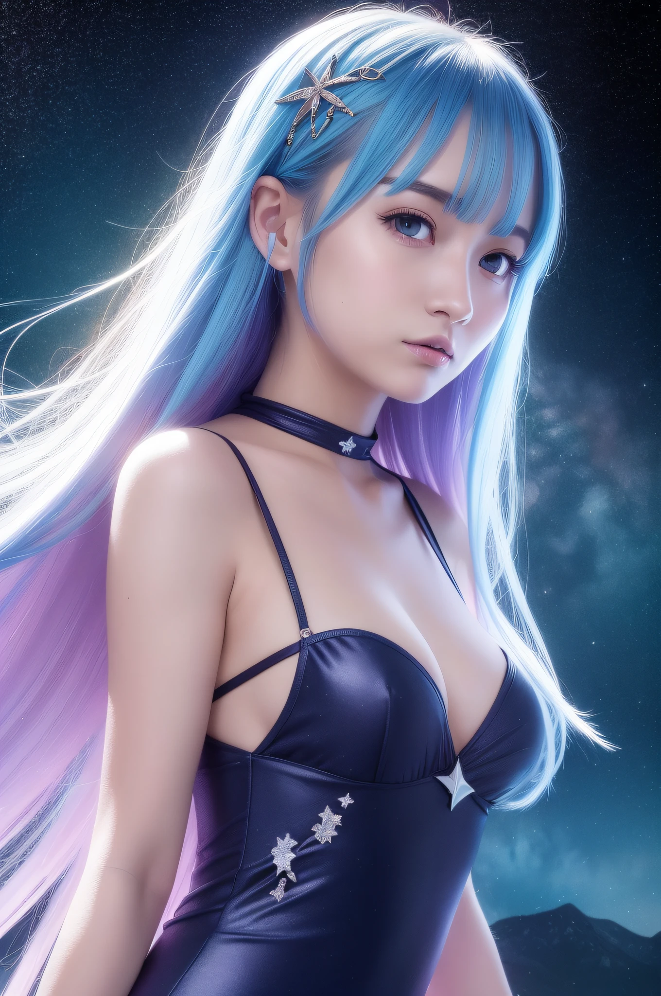 {{Best Quality}}, {{masutepiece}}, {{Ultra-detailed}}, {Illustration}, {Detailed light}, {extremely delicate and beautiful}, girl with, Cute face, Upper body, Two legs, long-one-piece dress, {Beautiful detailed eyes}, Stars in the eyes, messy floating hair, Colored inner hair, Starry sky adorns hair, {Lots_in the_Big_Colorful_Bubble}, [pearls], [Galaxy], depth of fields