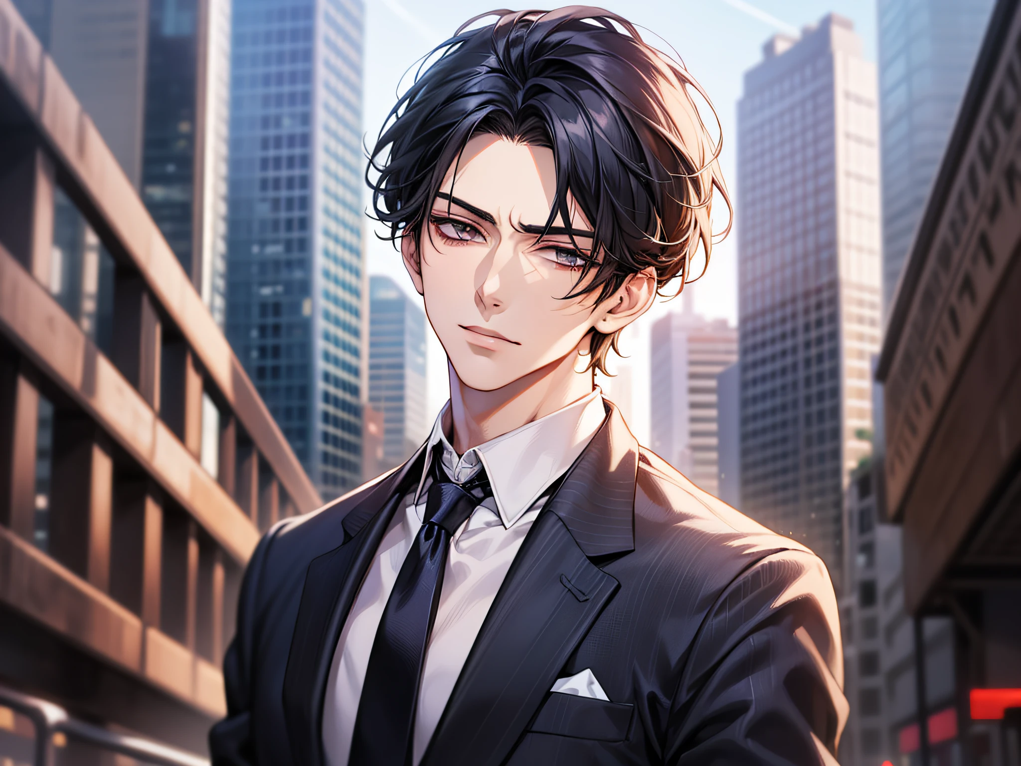 tmasterpiece,best qualtiy,1 male,AS-Adult,With short black hair,The shirt,Man in suit and tie standing in front of the city, Wearing a strict business suit, seminude、anime handsome guy,Wearing a strict business suit, Dark suit, Handsome anime pose in suit and tie, Handsome stunning realistic,