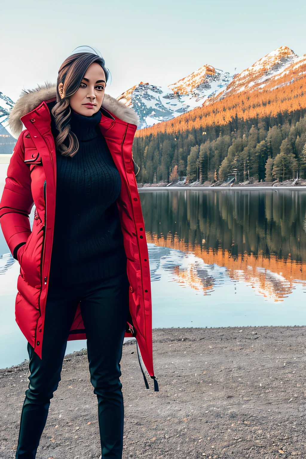 Make a woman with big breast, Red long winterjacket , with open zipper, with face, body, Lakeside house, travel bag, black pants, dog, Sweater