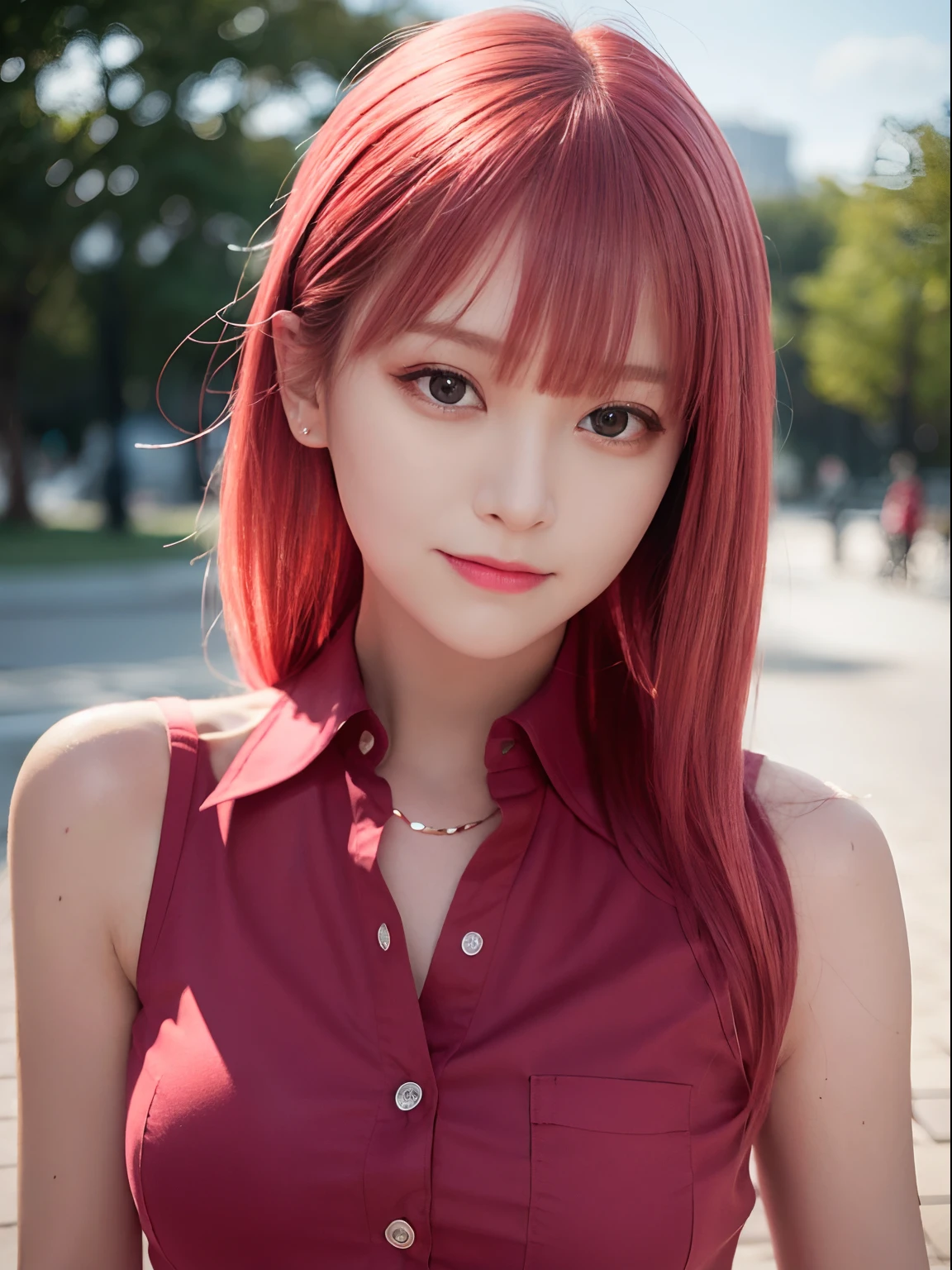 best quality, realistic, ultra high res, (photorealistic1.4), red eyes, red hair, smile, sleeveless red button shirt, 1girl, solo, glowing eyes, night, in the park, ((upper body)), ((puffy eyes)), (((looking at viewer))), ((closeup)),