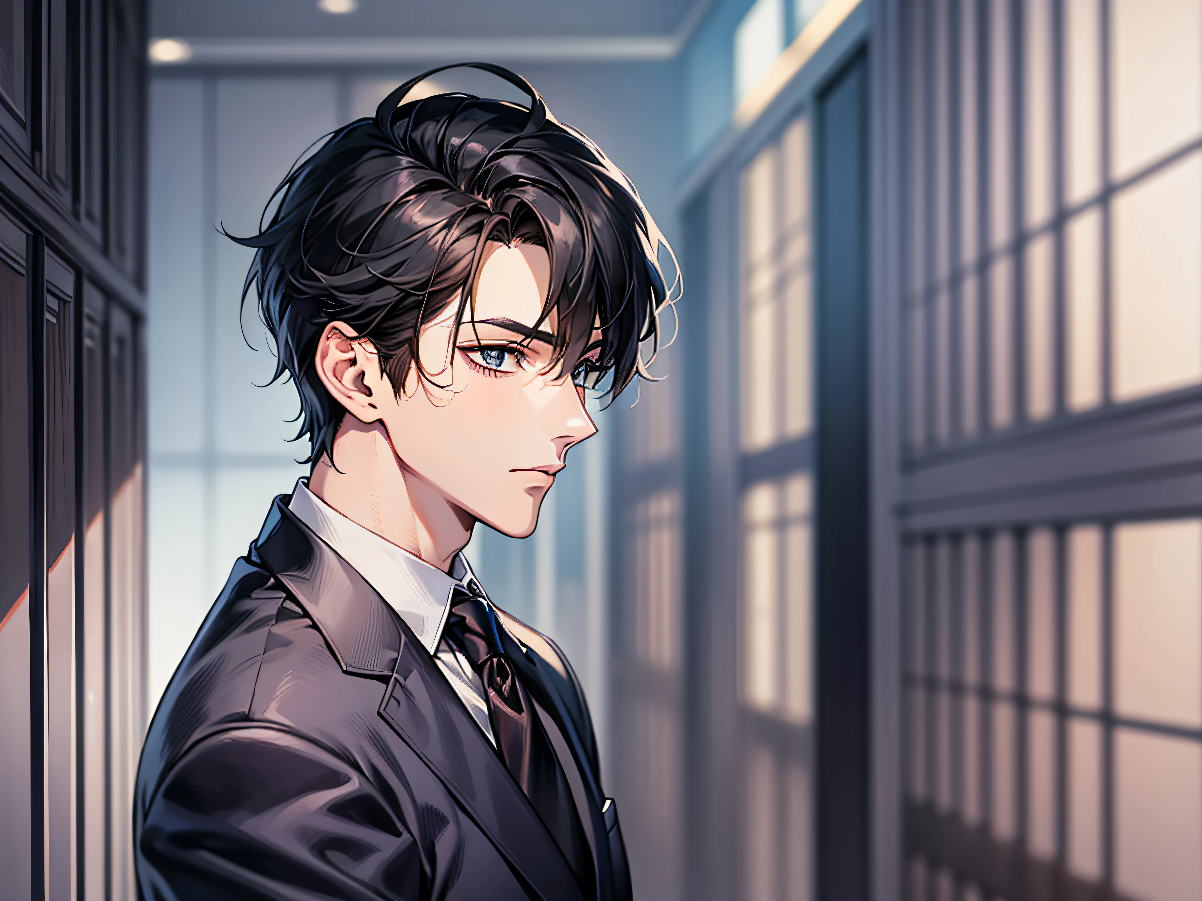 Take off your suit、T Masterpiece at the hotel,best qualtiy,1 male,AS-Adult,With short black hair,The shirt,Wearing a strict business suit, seminude、anime handsome guy,Wearing a strict business suit, Dark suit, Handsome anime pose in suit and tie, Handsome stunning realistic,