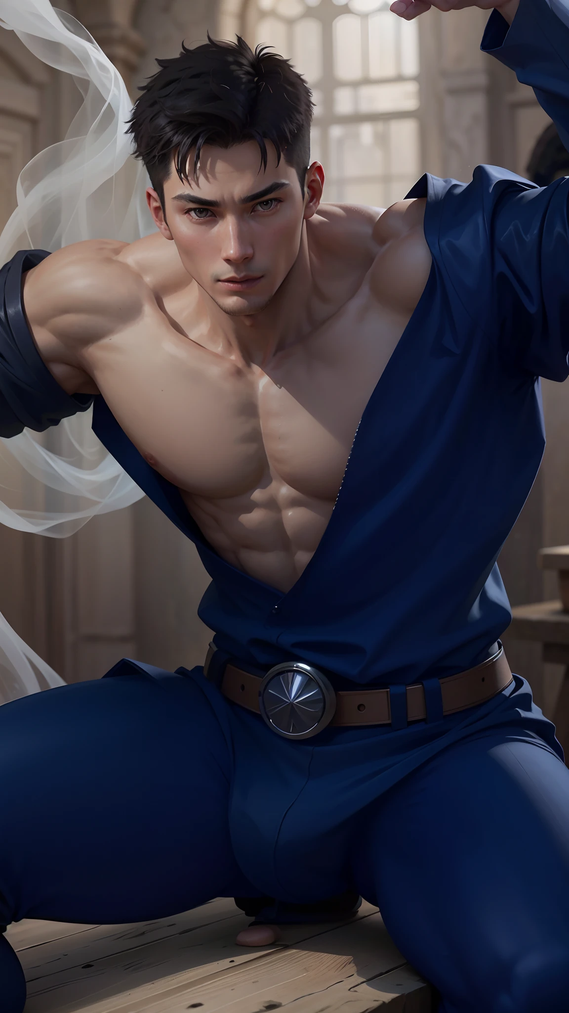 1 man, (male model) hot skin, masterpiece, best qualities, most handsome man in the world, by Tham Quan, perfect body, beautiful male model, an attractive man lead 18-24 years old aesthetic, plain, stone, smoke, technology, science fiction, rough and handsome young man in transparent white robe, transparent white fabric, shirtless jacket shoulders, chest muscles exposed, thighs exposed, ((transparent white briefs exposed)), (male focus), (smooth body)), smile, super cute, dynamic pose, cool and seductive , dramatic lighting, full body shot, full body shot, young face, full body, hairless body, tall and thin, well proportioned body, outstanding, white or white skin , Young face, Toned body solid, Hd, Natural skin tones, soft lighting, Highly detailed, Looking at audience, photography, Detailed skin, real people, realistic, photorealistic, Crazy details, Facial details , Maximize Exaggeration , Exaggerated Surrealism , film , telephoto , light complex detail , High Detail , High Detail , Digital painting , artstation , concept art , smooth focus which, sharp, illustrated, Unreal Engine 5, 8K, art by Ross Tran and Greg Rutkowski and Alphonse Mucha, UHD, 8k, Show just for men .8k Ultra HD, DSLR, low light, high quality , film grain, Fujifilm XT3, male fan, 2 person model, two people, superman.