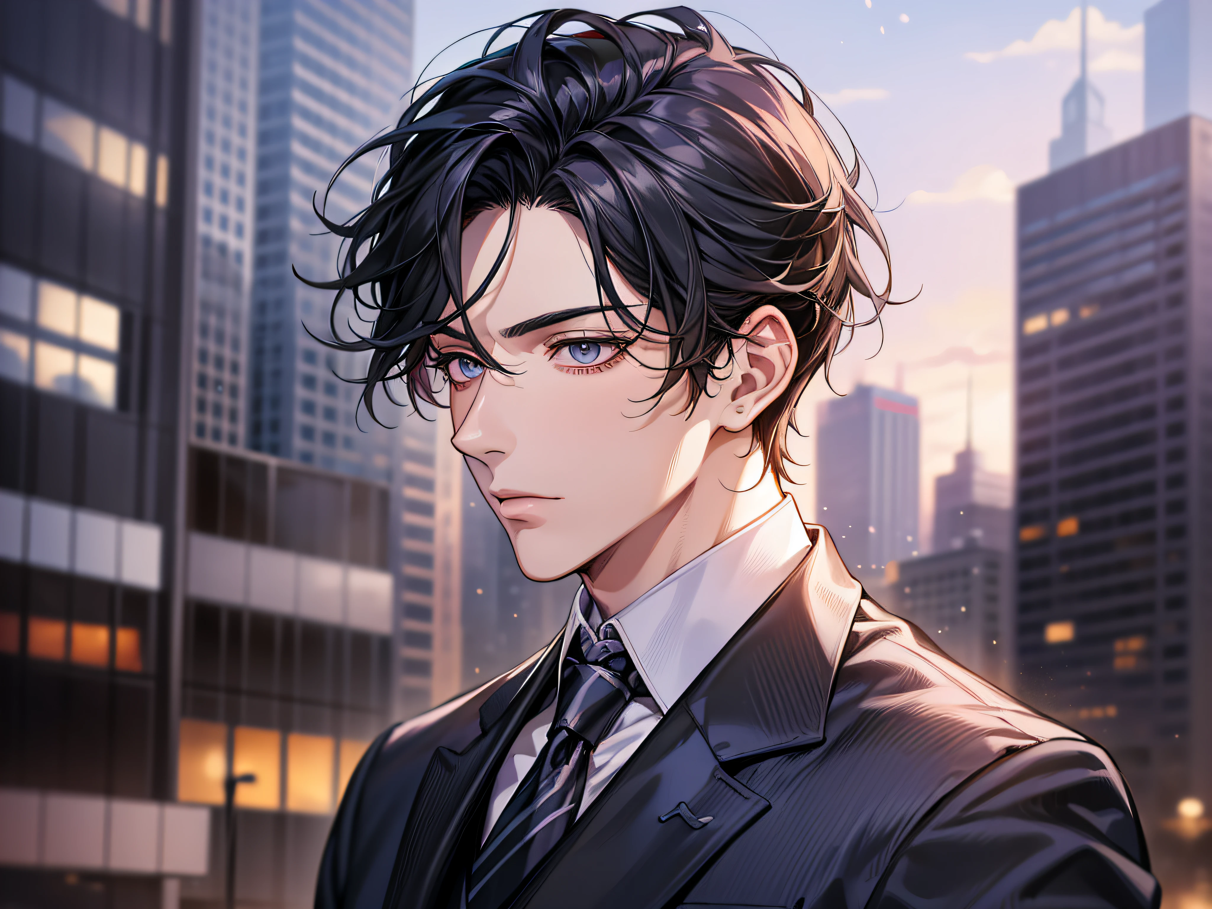 tmasterpiece,best qualtiy,1 male,AS-Adult,With short black hair,The shirt,Man in suit and tie standing in front of the city, Wearing a strict business suit, seminude、anime handsome guy,Wearing a strict business suit, Dark suit, Handsome anime pose in suit and tie, Handsome stunning realistic,