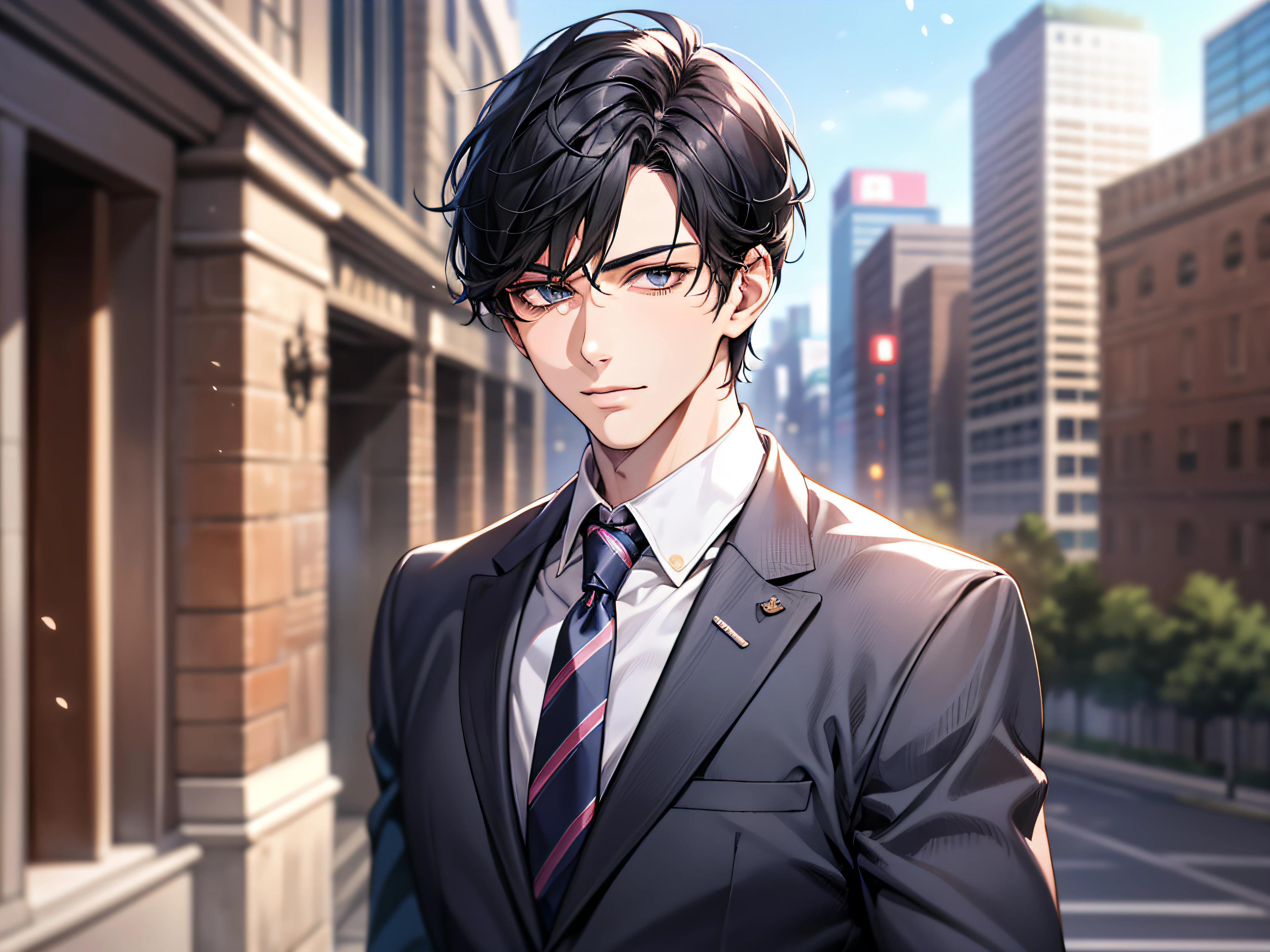 tmasterpiece，best qualtiy，1 male，AS-Adult，With short black hair，The shirt，Man in suit and tie standing in front of the city, Wearing a strict business suit, seminude、anime handsome guy,Wearing a strict business suit, Dark suit, Handsome anime pose in suit and tie, Handsome stunning realistic,