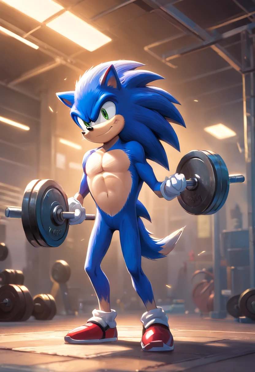 (a T-shirt illustration of a muscular Sonic the hedgehog, antrophomorphic, sonic the hedgehog,male, strong, barbell, squat, squat snatch, arms raised, squatting, lifting barbell, overhead)