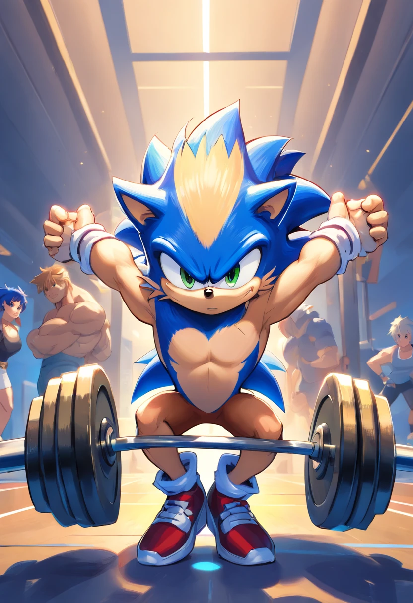 (a T-shirt illustration of a muscular Sonic the hedgehog, antrophomorphic, sonic the hedgehog,male, strong, barbell, squat, squat snatch, arms raised, squatting, lifting barbell, overhead)