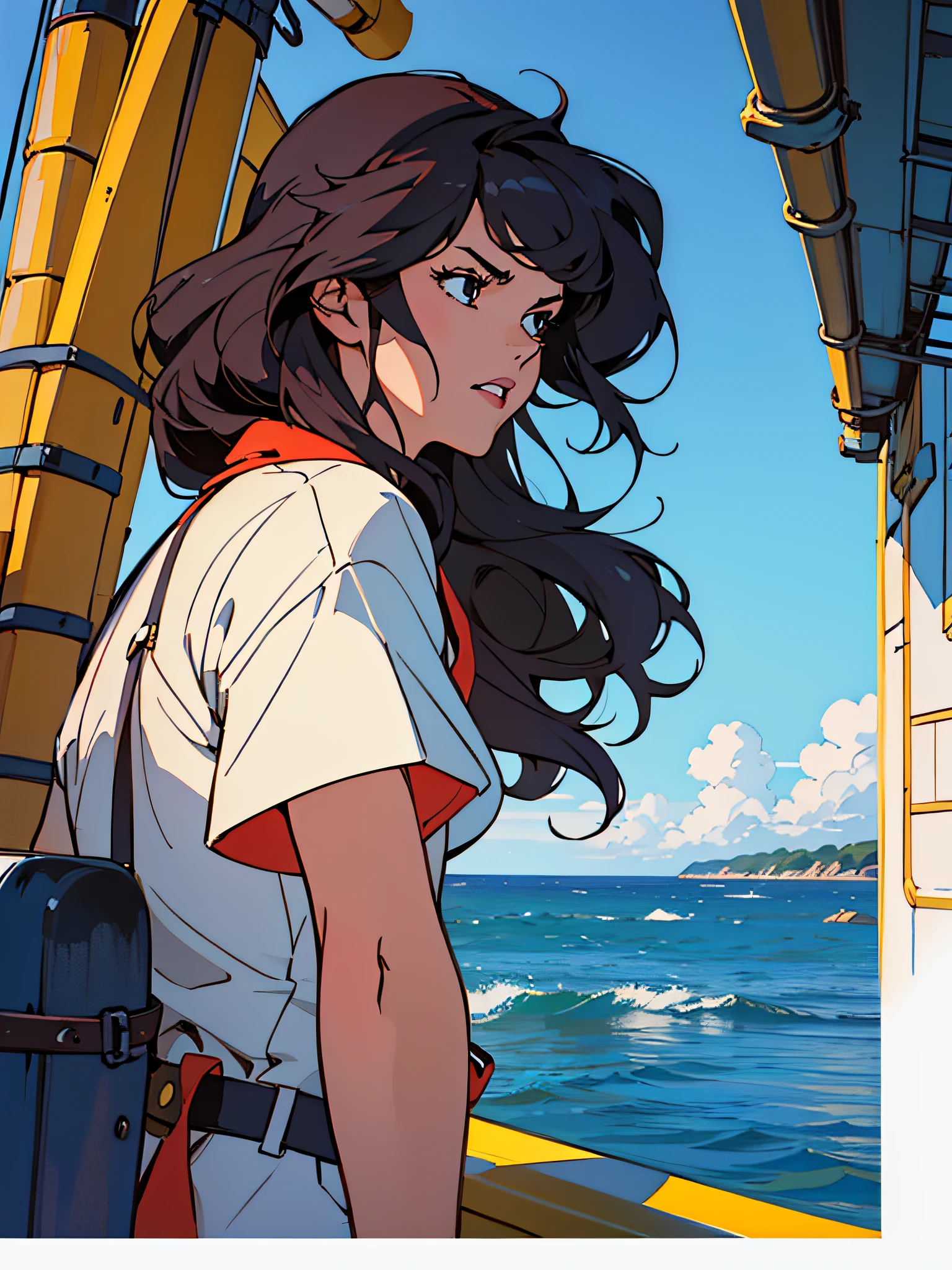 Create a stylized retro-anime illustration of a pirate girl standing on the deck of a ship on a sunny day, gazing into the distance with a calm ocean and the coastline visible in the background, 1980s \(style of\), character with long dark curly hair.