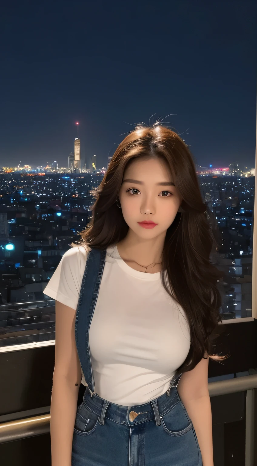 ((Midnight, Best quality, 8k, Masterpiece :1.3)), Whole body, Long legs, Sharp focus :1.2, A pretty woman with perfect figure :1.4, Slender abs :1.1, ((Dark brown hair, Big breasts :1.2)), (White tight tshirt, Jean bib, Standing:1.2), ((Night city view, Rooftop:1.3)), Highly detailed face and skin texture, Detailed eyes, Double eyelid