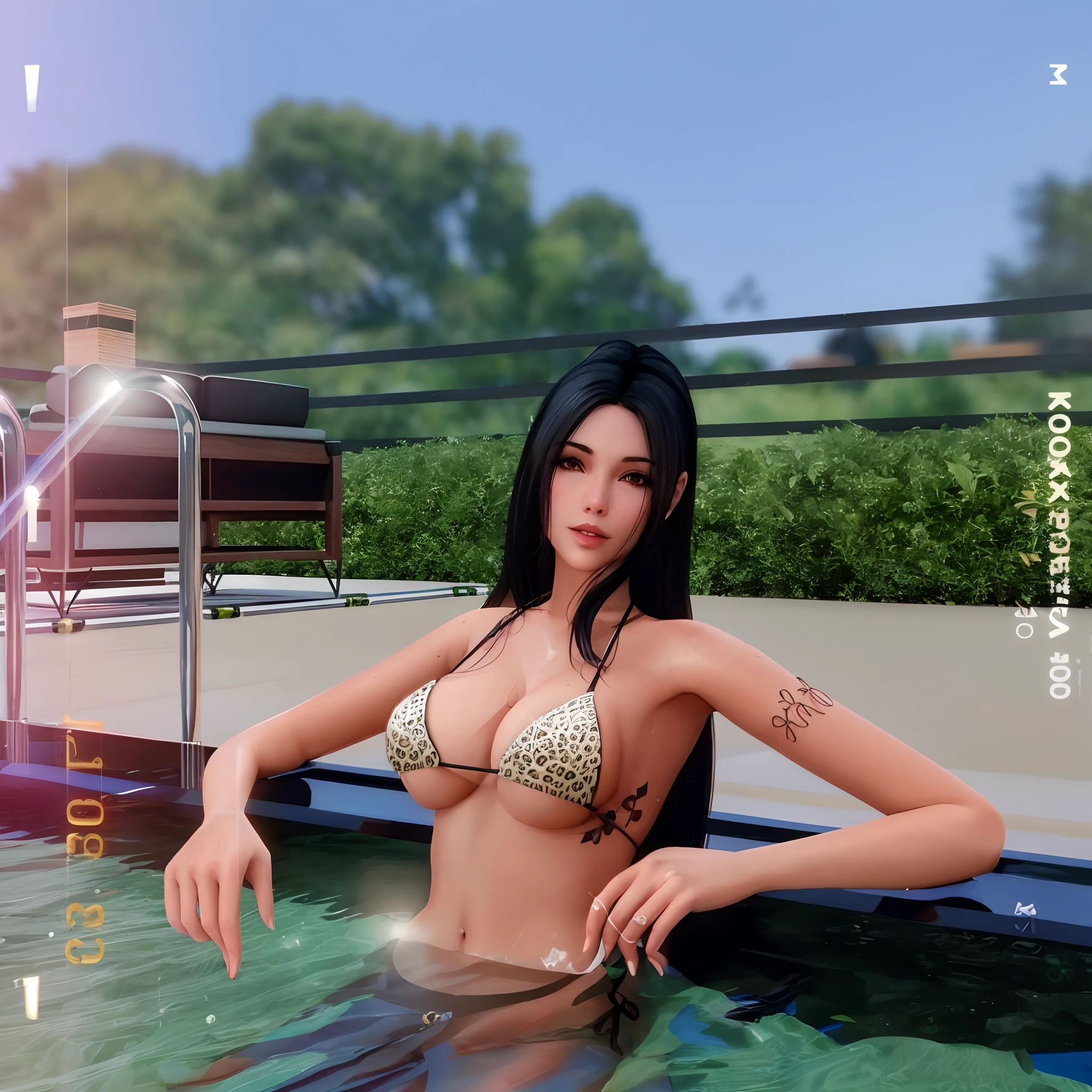there is a woman in a bikini sitting in a pool, Realistic bikini, corpo perfeito fotorrealista, Tifa Lockhart, Tifa Lockheart glamourosa, 4k extremamente fotorrealista, 4K extremamente fotorrealista, realistic water, fotorrealista altamente detalhado, corpo perfeito sombreado realista, [ Fotorrealismo 4K ]!!, Estilo anime 3D realista, ao lado de uma piscina