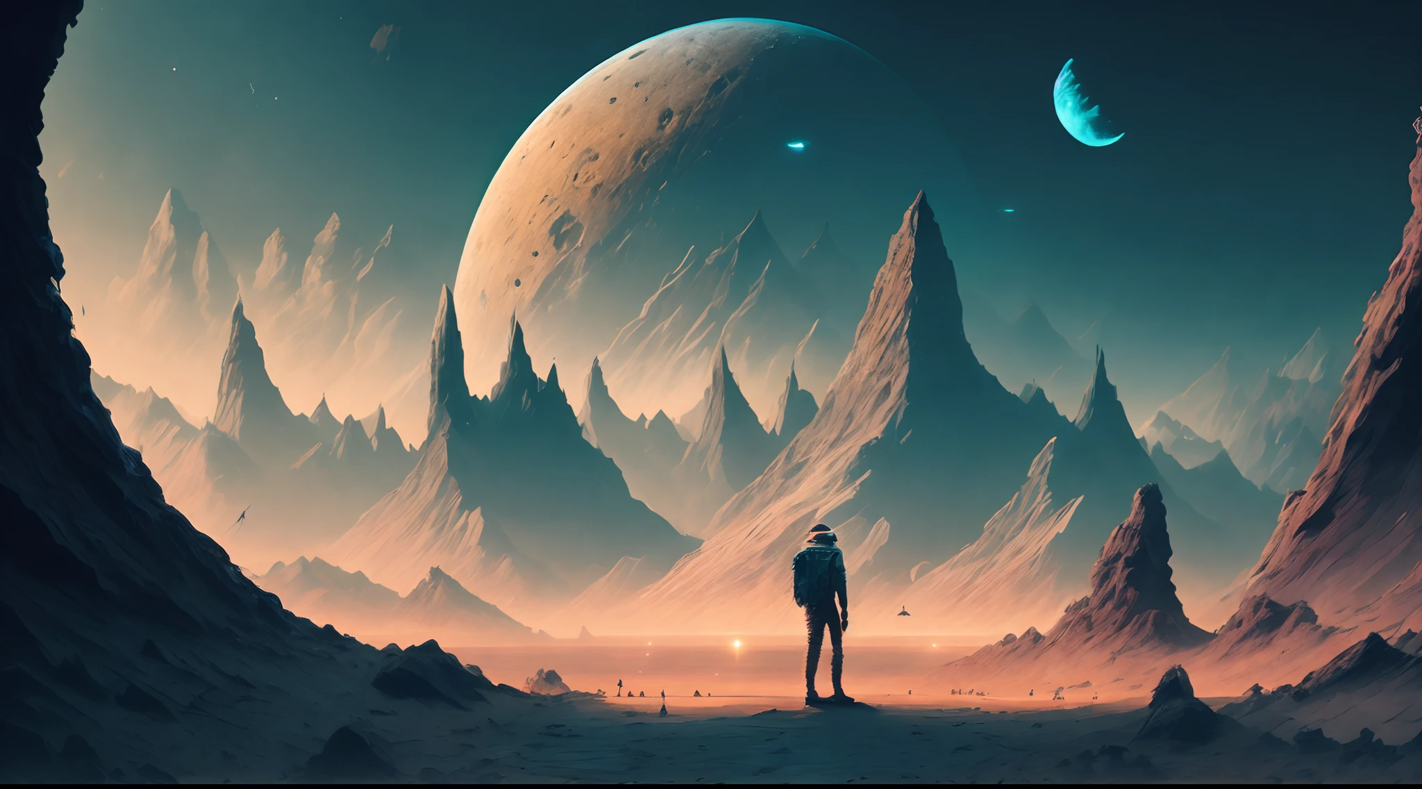 A man with a cap, standing in front of an alien landscape of mountains, rocks and the moon, Christopher Baraskas, with a split door in the sky