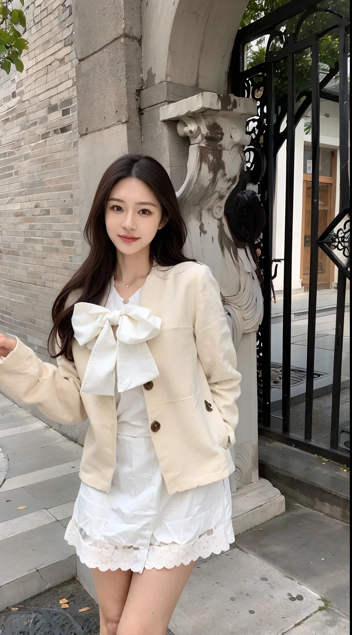 Asian woman posing for photo in white dress and jacket, wearing jacket and skirt, white trendy clothes, White jacket, 2 0 2 0 fashion, cropped shirt with jacket, light cream and white colors, Short jacket, High quality material BSSRDF, with white, Jacket, loose coat collar sailor uniform, smooth white tight clothes suit