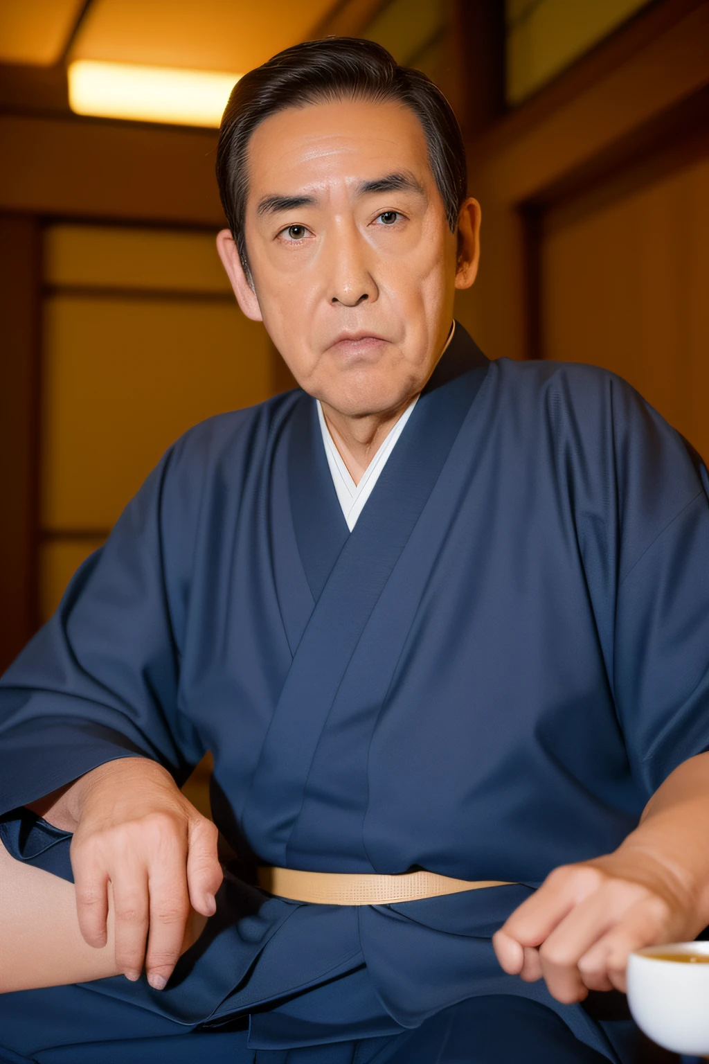 1 old men, fujita_makoto, Japan Faces, Japan actors, Cool old man, 70yo, black hair, black eyes, samurais, Japanese topknot, Japanese topknot hair style, black haori, Tea hakama, Always rugged face, Collared shirt with the first button open, Navy blue jacket, Navy blue slacks, Black socks, Black leather shoes, Face Focus, bustup, Close-up Face,