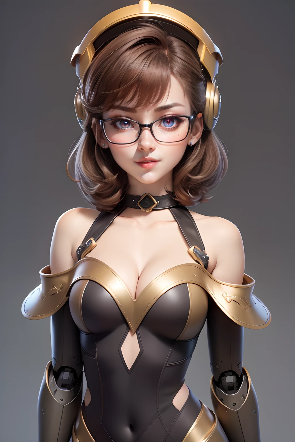 1 cute girl (18yo) glasses, upper body, slim waist, natural medium breast, sexy pose, happy face, bangs, random hairstyle, cleavage, navel, collar, collarbone, off shoulder, seductive smile, wear intricately detail hot and sexy outfit, robotic costume, wear unique helmet, brown color, upper body. flat gray color for background