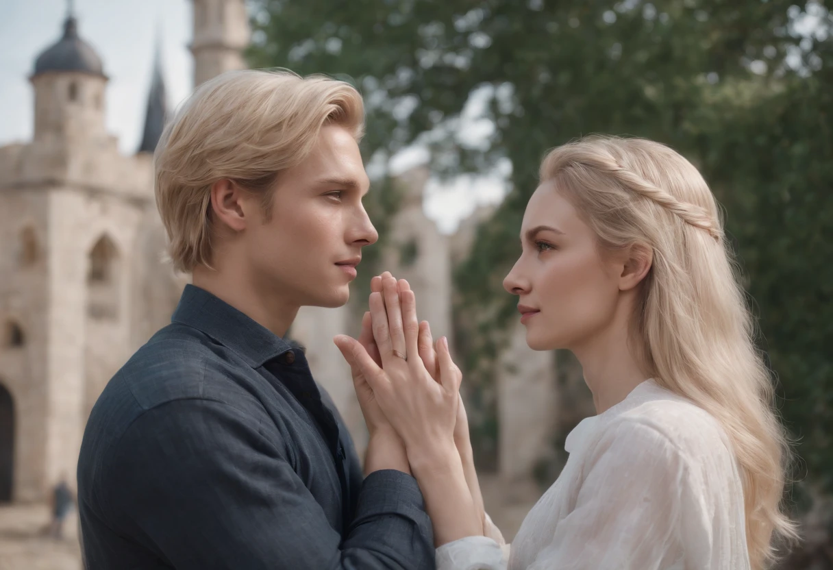 Two people facing each other, talking, gesturing with hands, beautiful faces, side pose view, wearing shirts, beautiful hands, best resolution, best color, a beautiful tower in the background , the sky is visible, the birds are flying in the sky,high quality, best quality, realistic, ultra 8k cg, ultra-detailed, High definition, long hair, blonde hair, blue eyes, detaile face and eyes, detailed texture, finely detailed,