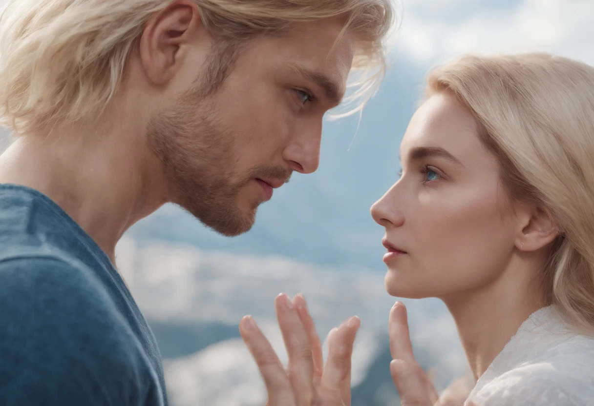 Two people facing each other, talking, gesturing with hands, beautiful faces, side pose view, wearing shirts, beautiful hands, best resolution, best color, a beautiful tower in the background  , the sky is visible, the birds are flying in the sky,high quality, best quality, realistic, ultra 8k cg, ultra-detailed, High definition, long hair, blonde hair, blue eyes, detaile face and eyes, detailed texture, finely detailed,