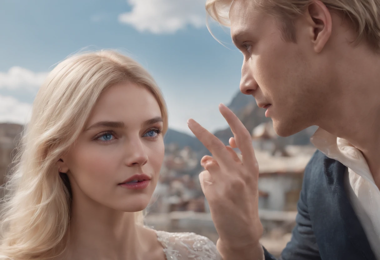 Two people facing each other, talking, gesturing with hands, beautiful faces, side pose view, wearing shirts, beautiful hands, best resolution, best color, a beautiful tower in the background , the sky is visible, the birds are flying in the sky,high quality, best quality, realistic, ultra 8k cg, ultra-detailed, High definition, long hair, blonde hair, blue eyes, detaile face and eyes, detailed texture, finely detailed,