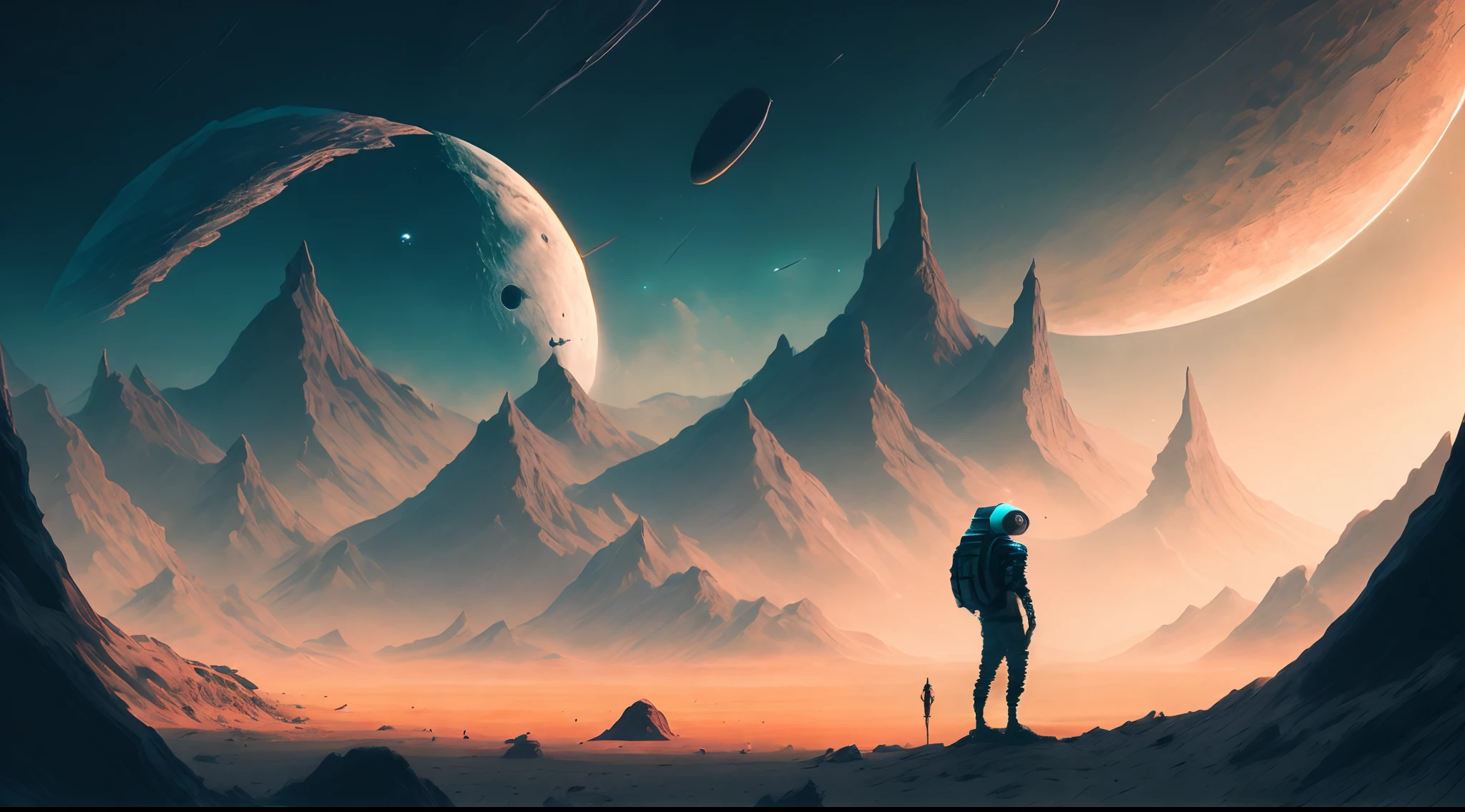 A man with a cap, standing in front of an alien landscape of mountains, rocks and the moon, Christopher Baraskas, with a split door in the sky