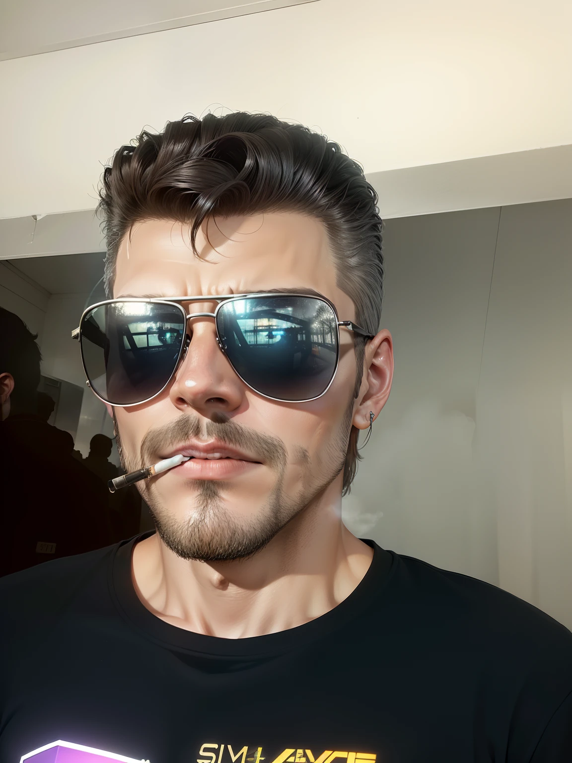 (a man with aviator glasses, fumar um cigarro branco, com o cigarro perto do fim, reflexo nos vidros, Realistic, circunstanciado, Estilo Kaz Miller, metal gear solid style),(best quality, ultra-detalhado, Realistic:1.37),(retrato, monocromatic, cinemactic:1.1),(studio lighting, sombras intensas),(cores vibrantes, atmosfera sutil),(foco nítido, alto contraste),(cigarette smoke swirling in the air, Adding mystery),(jaqueta de couro preta, robust appearance),(confident expression, Olhar Focado),(Contexto industrial, reminiscent of an underground installation),(brilho sutil da lente, Enhancing the cinematic feel),(reflexo das luzes da cidade nos vidros, criando uma vibe futurista),(fundo cidade futurista)