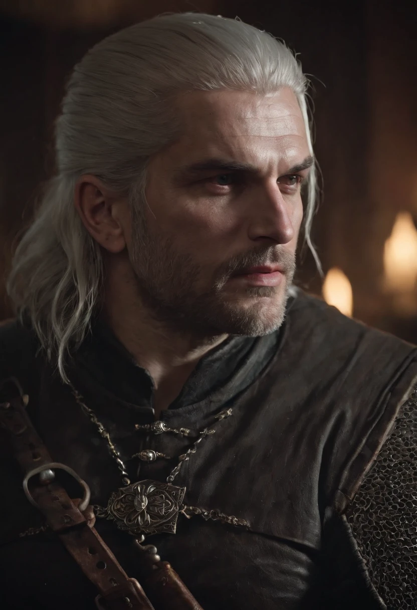 estilo the witcher 3, guerreiro homem dentro de um bar, cabelo preto, fisico forte, cenario dark ultra realista 8k