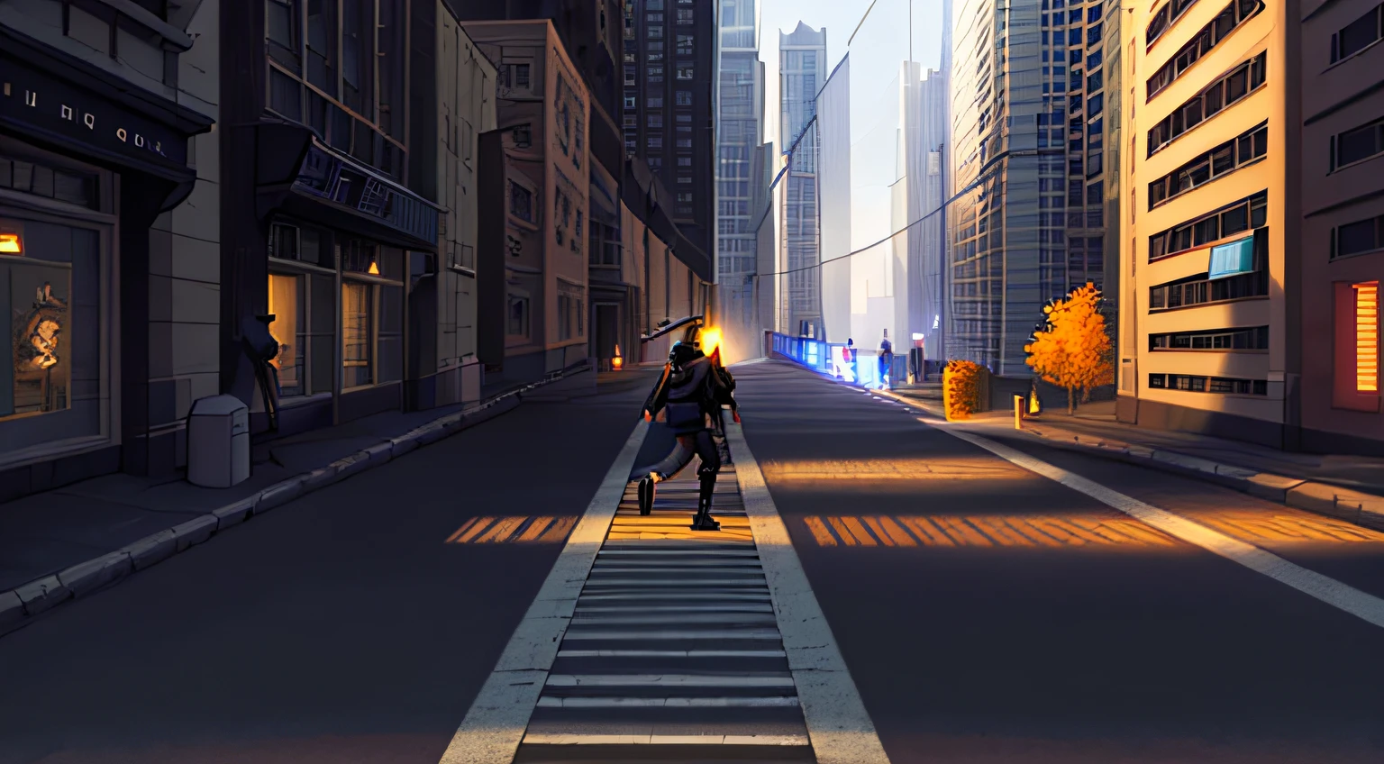 arafed drawing of a man walking down a long street, action perspective concept, street perspective, dynamic perspective pose, he is traversing a shadowy city, point perspective, traversing a shadowy city, vanishing point perspective, one point perspective, concept art for a video game, one-point perspective, 1-point perspective, single point perspective