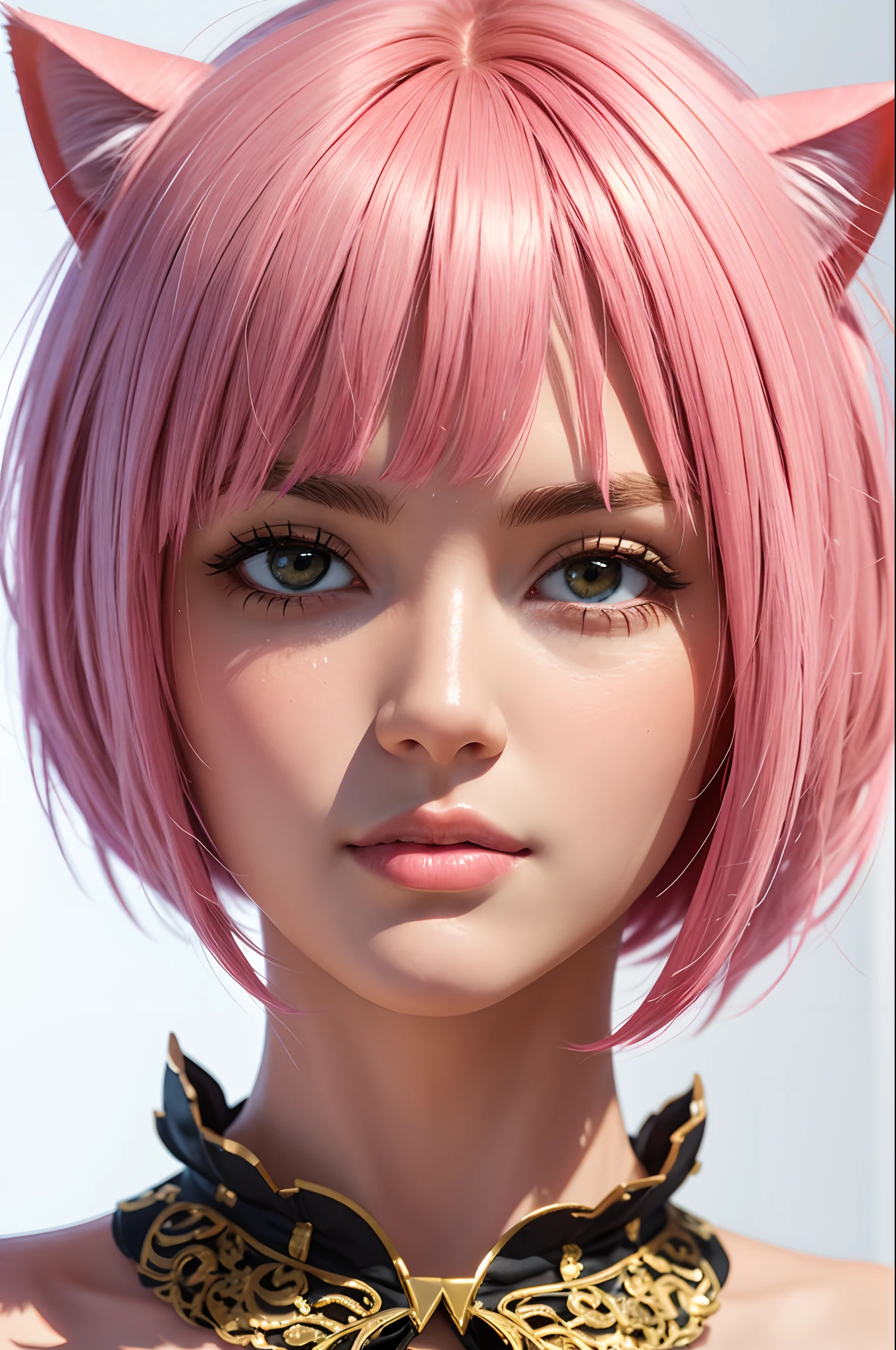 (amia:0.9), closed mouth, cat ears, pink hair, short hair, head shot, face focus, slim, slender, looking at viewer, (masterpiece), (best quality:1.2), absurdres, intricate details, rimlit, (highly detailed skin:1.2),