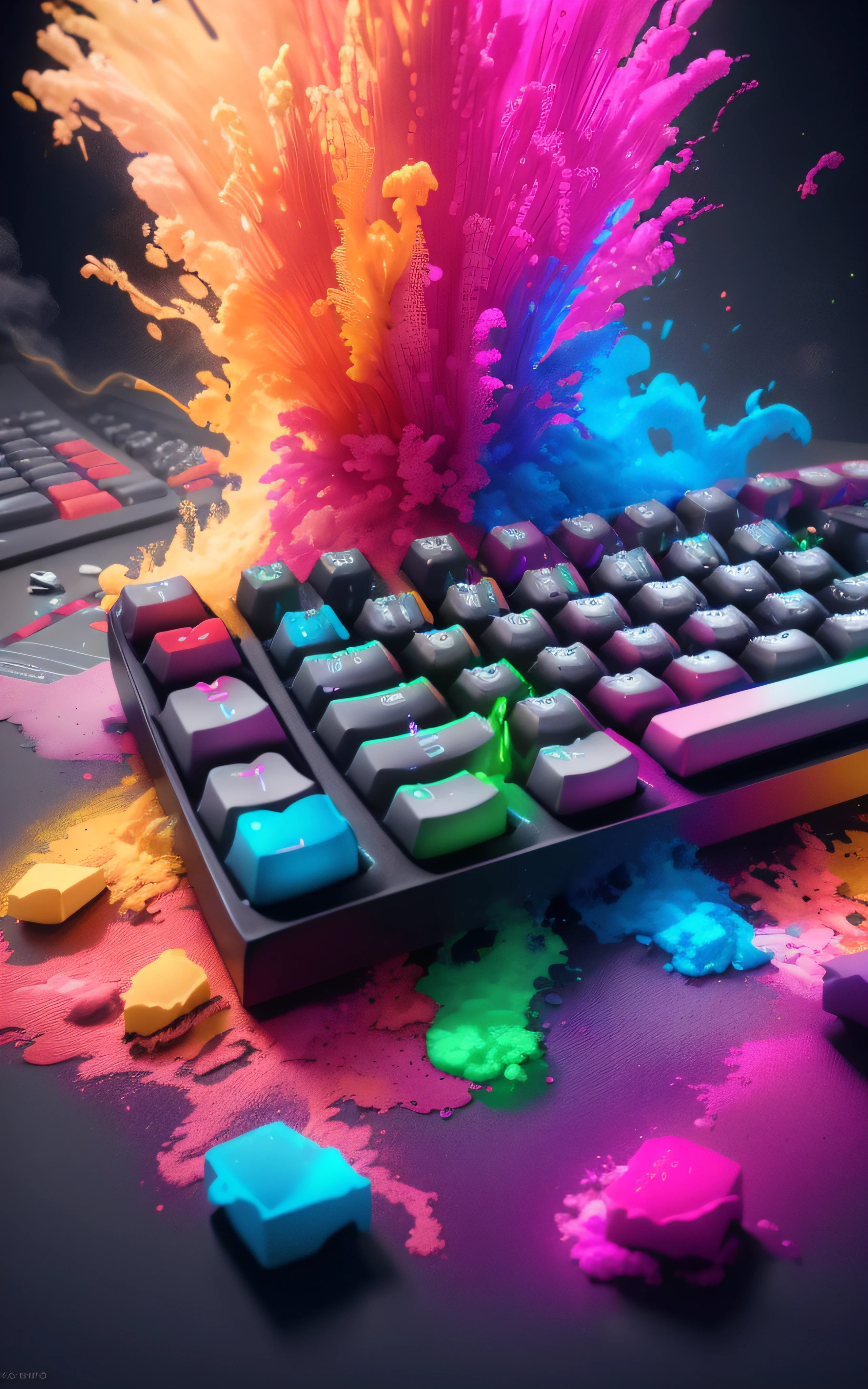 a closeup of a keyboard with colored smoke powder on it, mechanical keyboard, cores do bipe, teclado gamers, Teclado RGB, colorful octane render, Ergodox, colorful vivid octane render, salpicos de cor, renderizado em alta octanagem, Colored static, cores explosivas, colorful redshift render, colorido 8 k, photoreal octane rendering, estilo de arte impressionante, salpicos de cor, Teclados