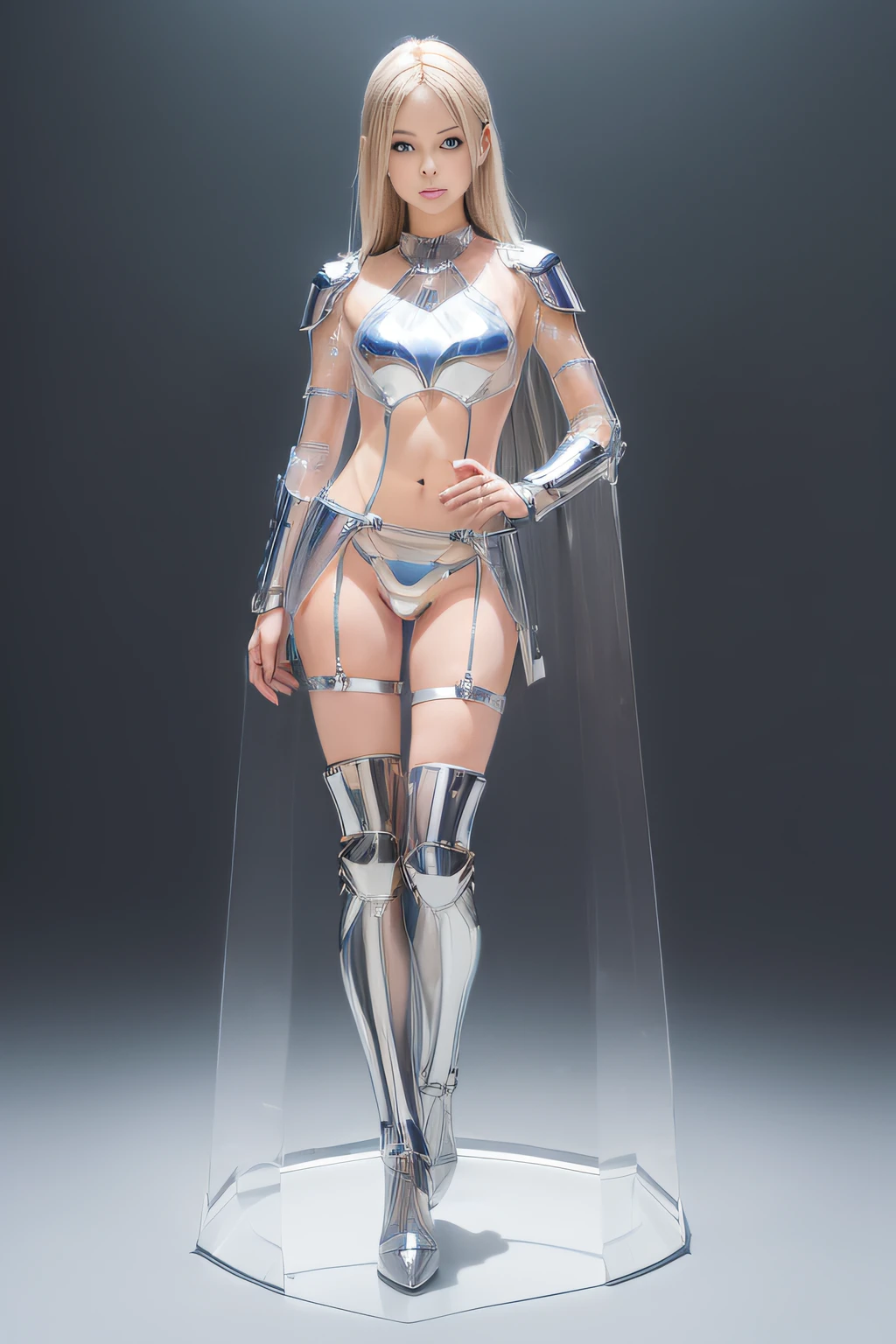 best qualtiy、masutepiece、超A high resolution、(Photorealistic:1.4)、infp young woman、(modeled:1.2)、small head、a small face、blonde  hair、long legged、(Transparent full-body armor:1.4)、(Transparent waist armor:1.4)、(Transparent waterfall armor:1.4)、(Clear Silver Crotch Protector:1.4)、Transparent foot armor、(blue cloak:1.3)、(Full body:1.4)、Appearance without makeup、smil、(the perfect body:1.7)、Castle background、By Michelangelo