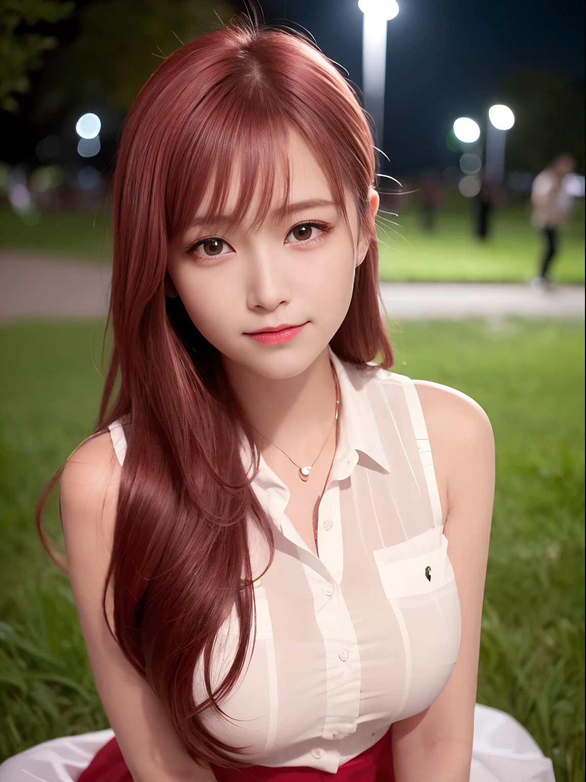 best quality, realistic, ultra high res, (photorealistic1.4), red eyes, red hair, smile, sleeveless red button shirt, 1girl, solo, glowing eyes, night, in the park, ((puffy eyes)), (((looking at viewer))), ((closeup)),