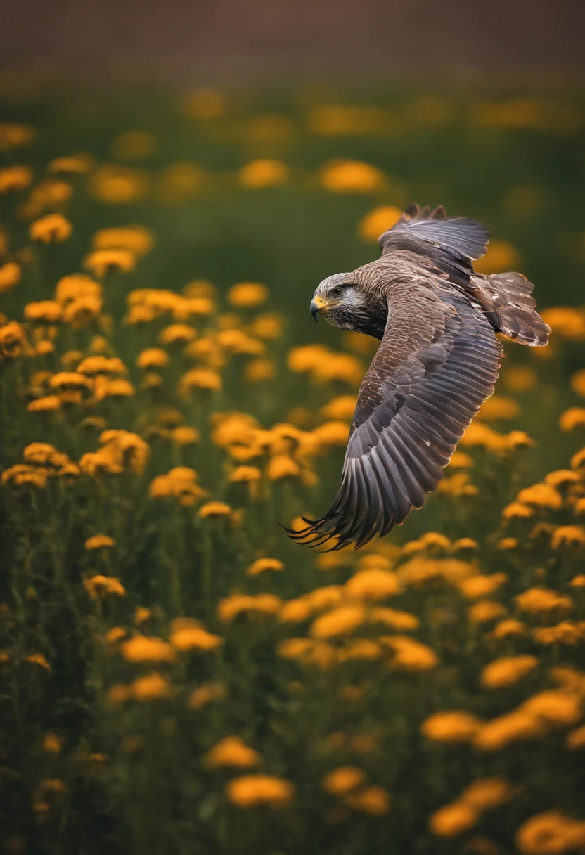 Hay un cuervo volando en la hierba con una roca en el fondo, Una foto por Derek Zabrocki, Unsplash, arte digital,