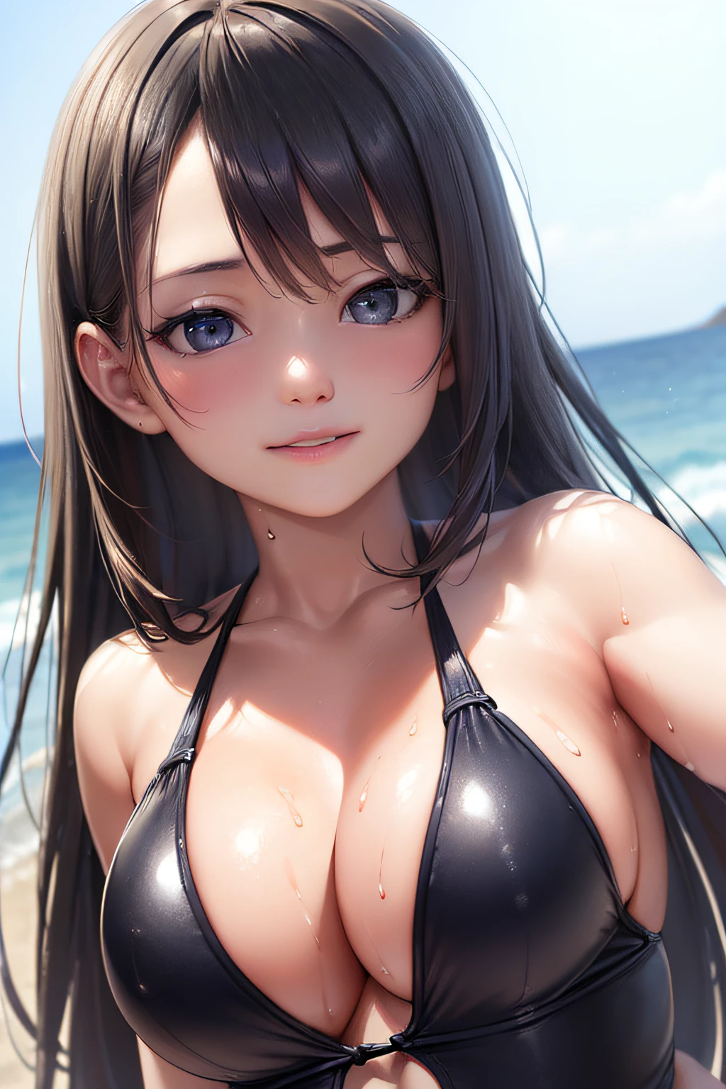 (photorealistic:1.4), (hyper realistic photo:1.4), 8k, award winning photography, ultra detailed face, perfect anatomy, ultra quality, RAW photo, hyper detailed skin, High detail RAW color photo professional photo, ultra detailed face,, (wide angle), photo of 1 Japanese idol at beachside, navy swim_suit, sweat, smile