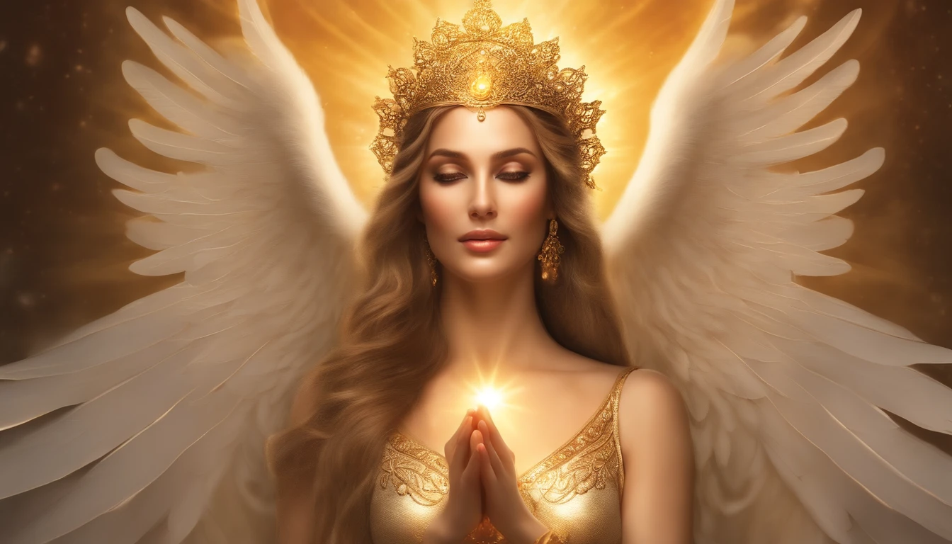 photorealistic, (hyperrealistic:1.2), beautiful, masterpiece, best quality, extremely detailed face, perfect lighting, nice hands, perfect hands, A divine and radiant angel in celestial splendor, (heavenly presence:1.2), (serene expression), (majestic wings), (ethereal glow:1.1), (peaceful and comforting), (transcendent beauty), (divine grace), (symbol of purity), (golden halo), (uplifting atmosphere), (celestial realm), (spiritual enlightenment), (gentle and protective), (illuminating light:1.2), (seraphic figure), (harmony and serenity), (angelic robes), (timeless and celestial), (captivating aura), (healing and guidance)