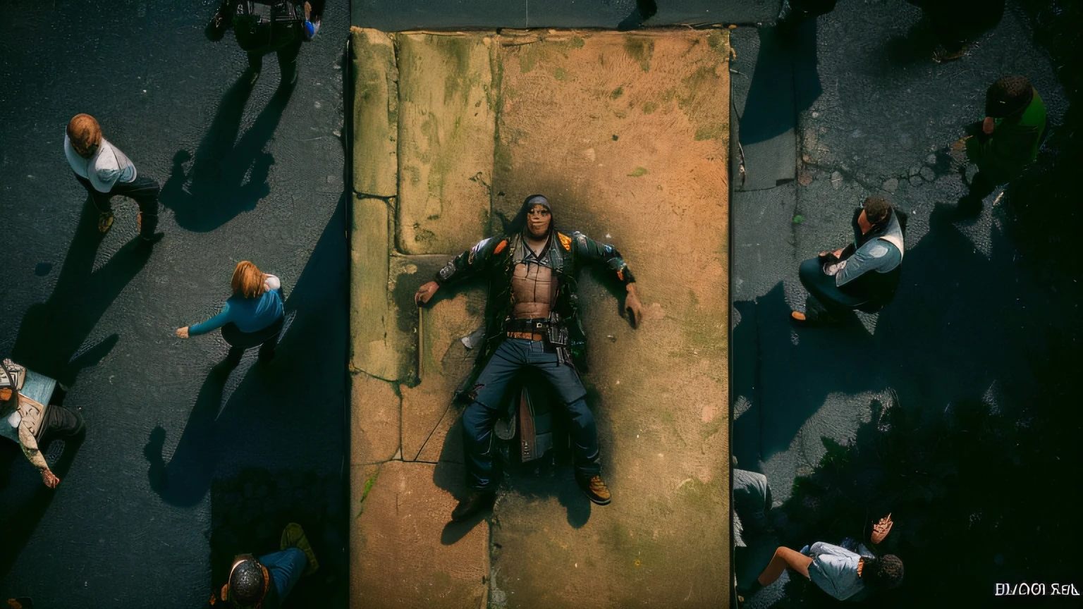 Man lying on a wooden board in the middle of a crowd of people, tiro de cima, tiro de cima para baixo, filme ainda 8K, foto de cima para baixo, foto de cima para baixo, floating over a city sidewalk, looking down on the camera, award winning cinematic still, Dead body floors, olhando de cima para baixo, bodies on the ground, fotografia de cima para baixo e sem bugs .
