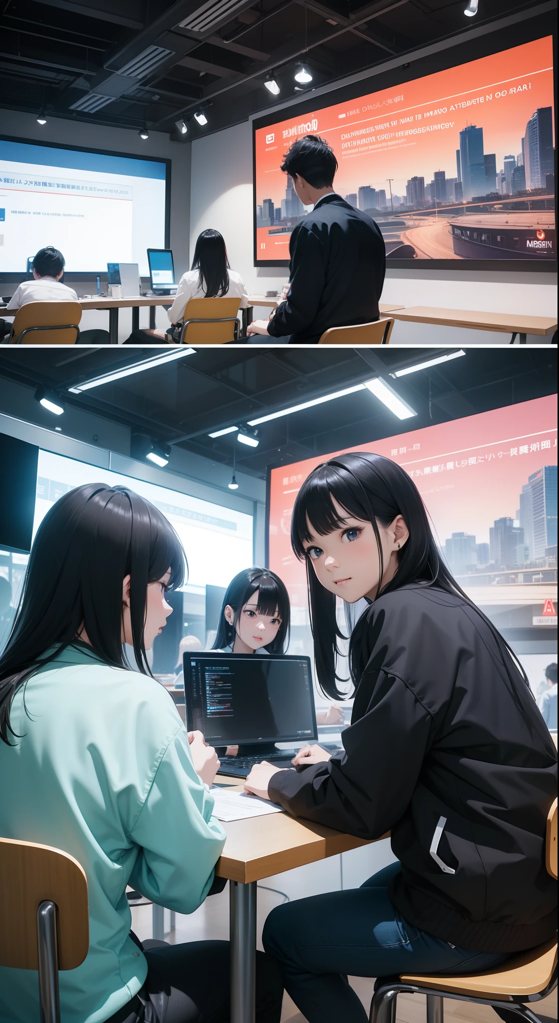 male and female news anchors, on-air studio, giant monitors, staffs,