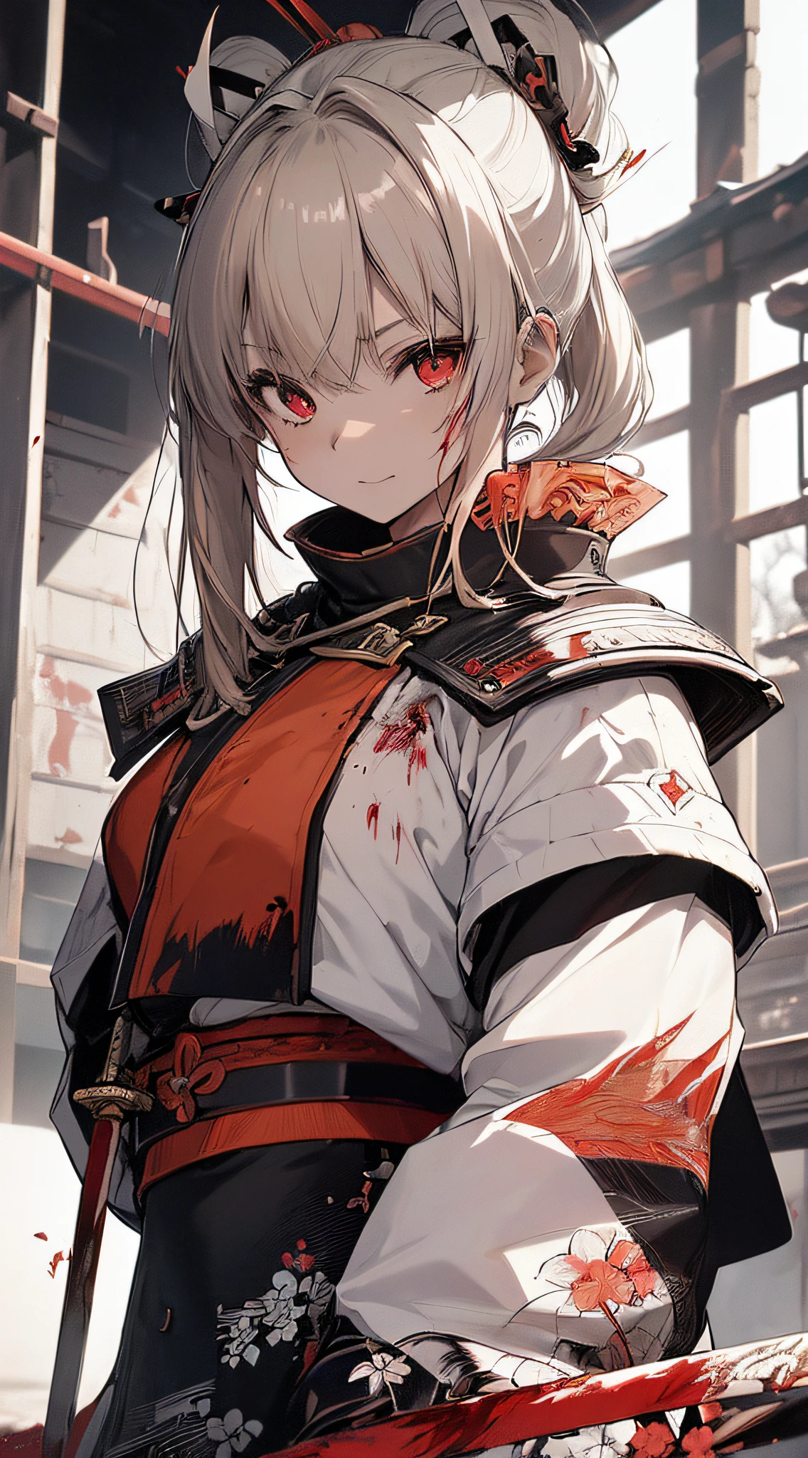 top-quality、Top image quality、​masterpiece、girl with((18year old、Black Samurai Costume、Best Bust、Bust 85、a blond、poneyTail、Red Eyes、open chest wide、Happiness、Return blood、Holding a Japan sword、Blood on the cheeks、Blood comes out of the forehead)）hiquality、visualart、Background with((Black and white world))、Kurosawa Film Style