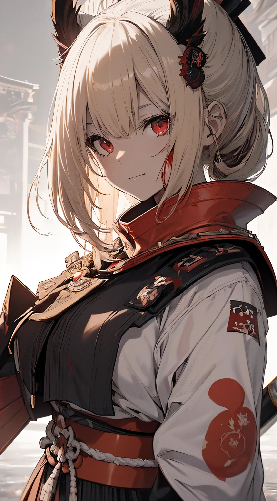 top-quality、Top image quality、masterpiece、girl with((18year old、Black Samurai Costume、Best Bust、Bust 85、a blond、poneyTail、Red Eyes、open chest wide、Happiness、Return blood、Holding a Japan sword))hiquality、visualart、Background with((Black and white world))、Kurosawa Film Style