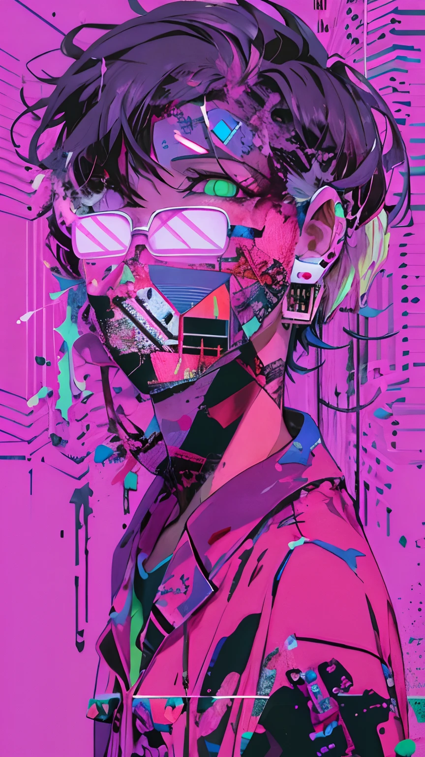 (masutepiece), Best Quality, Expressive eyes, face perfect,(gritty:0.9),(80's aesthetic:1.1),(neons:0.8),(Retro:0.9),(analogue:1.1),(独奏:0.8),(1 person:0.6),(Calavera:0.5),(Sunglasses:0.7),(shinigami:0.5),(Purple and pink color scheme:0.9),(glitched:1.1),(uproar:1.0),(Black and white:0.6),(Drooping letters:0.8),(The aesthetics of vaporwave:1.2),(digital distortion:0.9),(macabre smile:0.7),(blood splash:0.8),(darkness:0.9),
