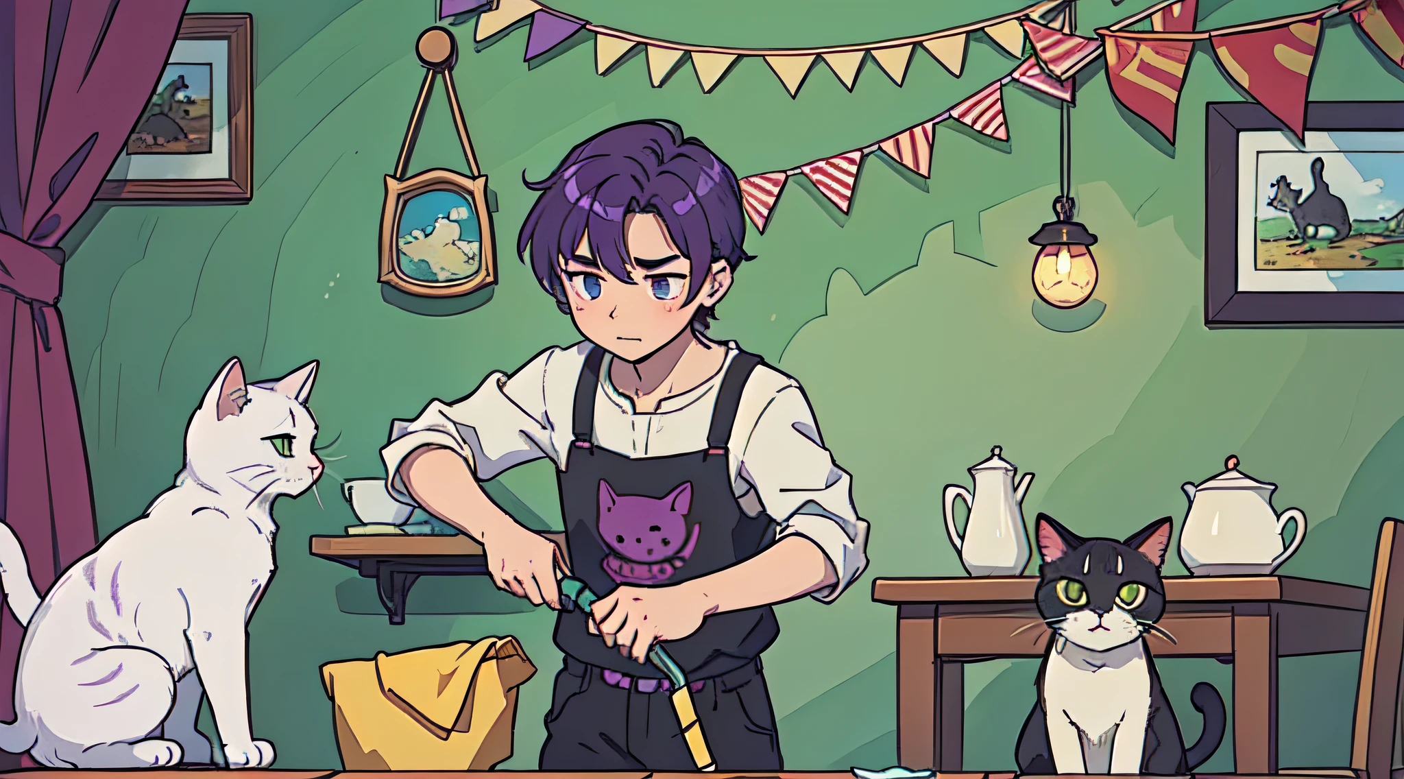 top-quality、masterpiece、(Deformed)、Boy with purple hair、Being pulled by a cat while cleaning the table