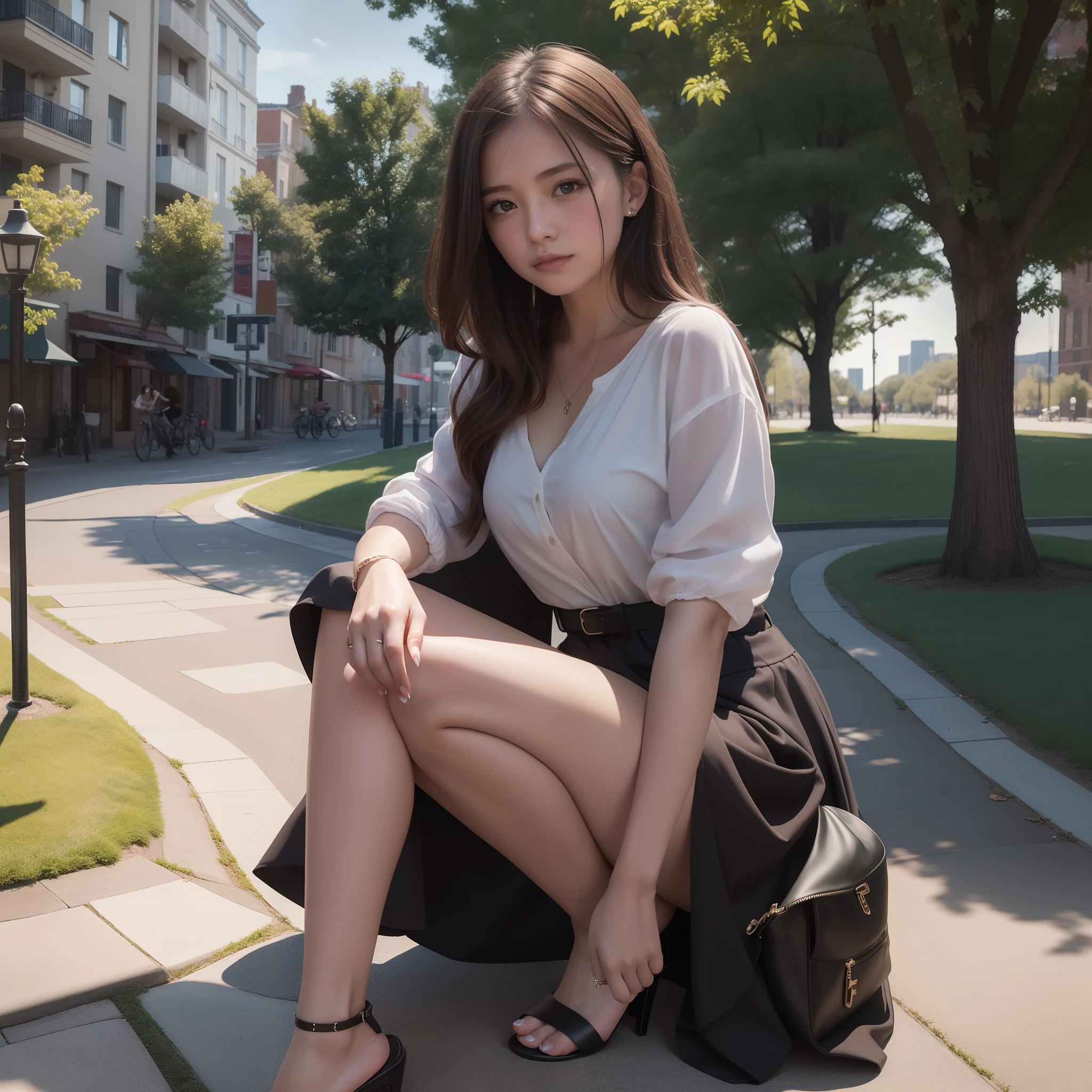 Chiaroscuro, masutepiece, Super Detail, High quality, awardwinning, 8K, (girl), Solo, In a city park, Natural light, Detailed fingers