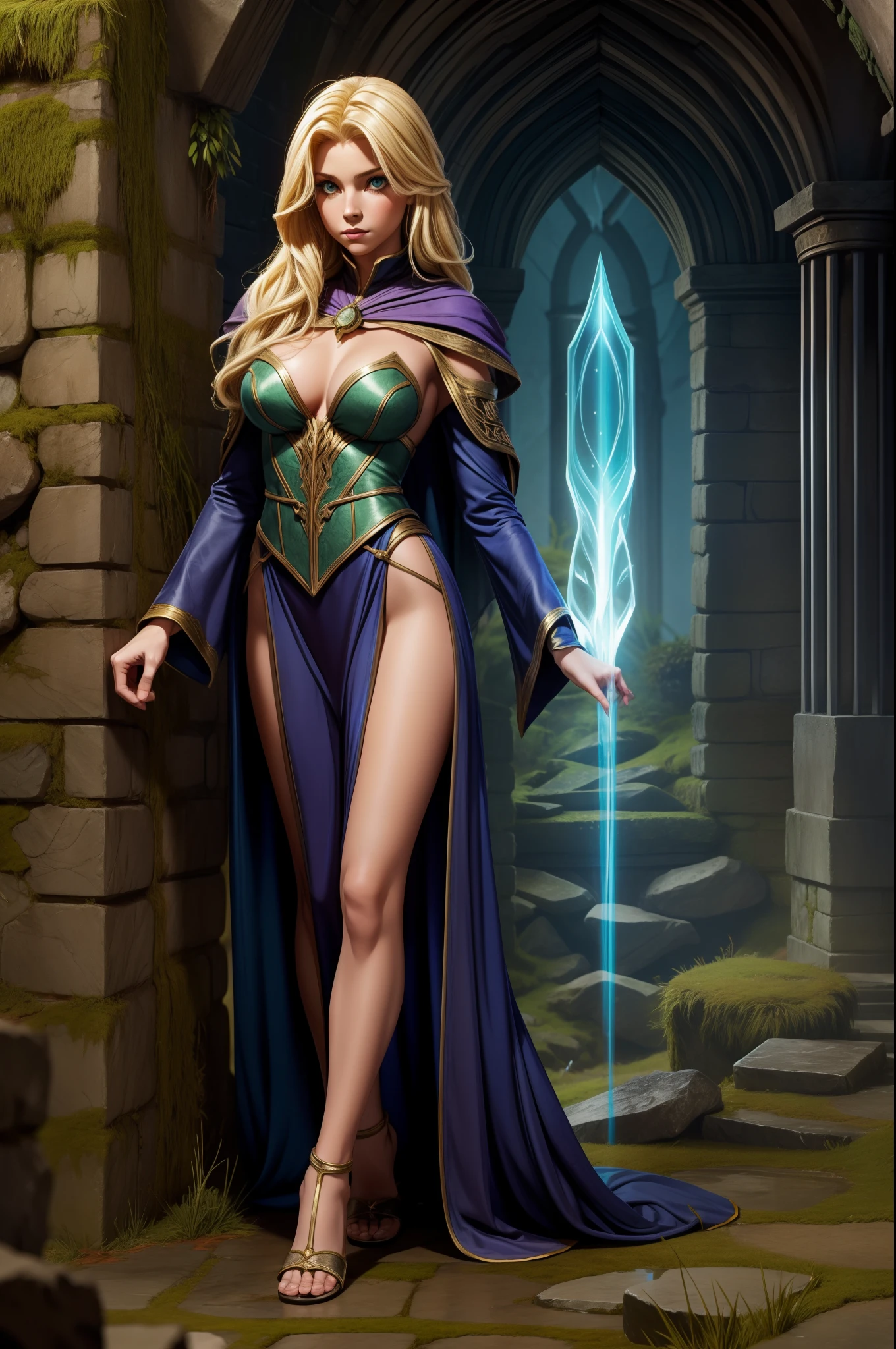 full body shot, 1girl, fantasy sorceress, mage robe, leg slit, blonde, legs, mossy stone walls in background,