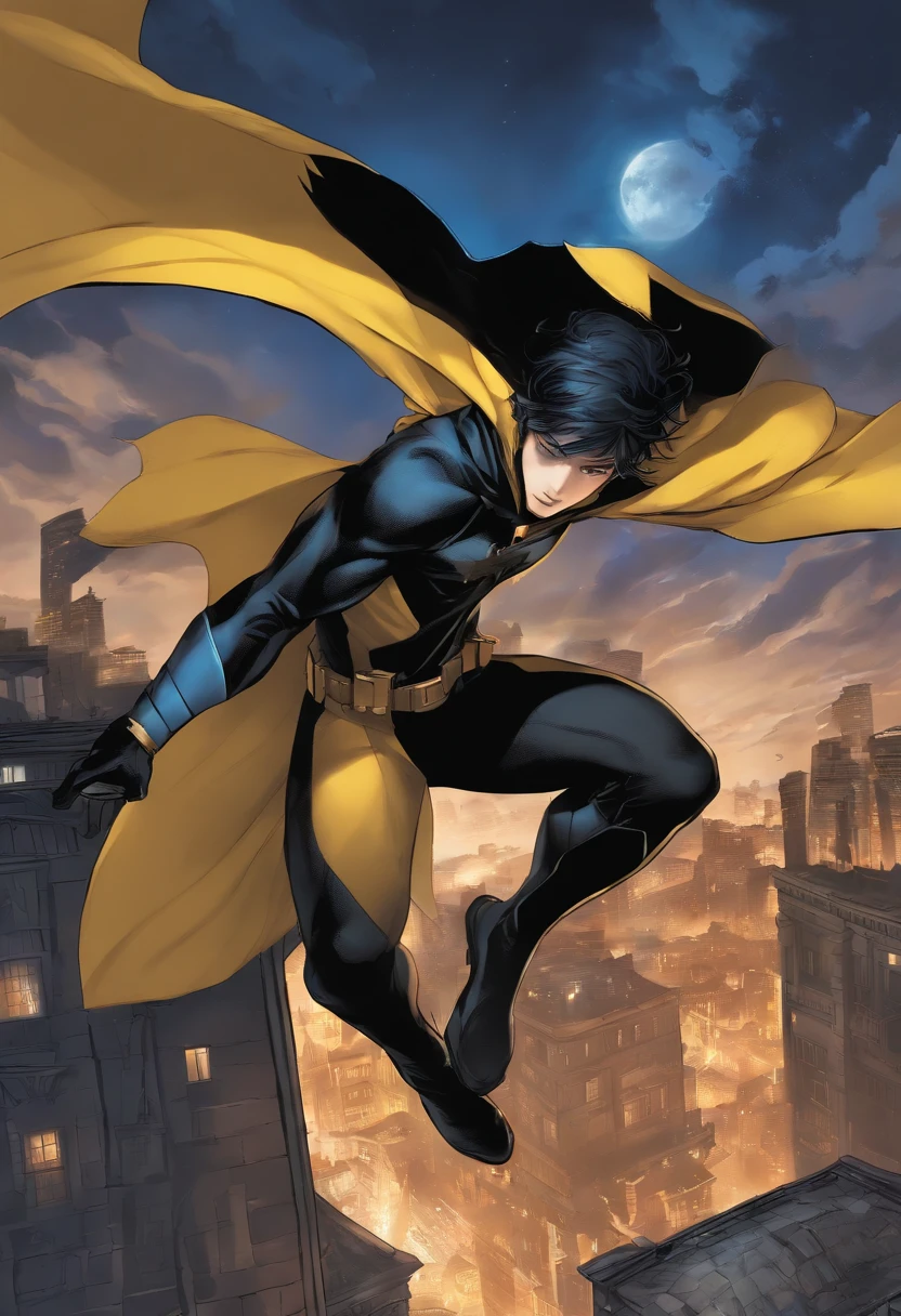 a -yeld maith blue hair and black eyes, wears a black superhero outfit similar to a spy uniform with a tattered yellow cape, an aura of shadows appears behind him, his back on top of a building and is watching a city in ruins, anime, novel cover