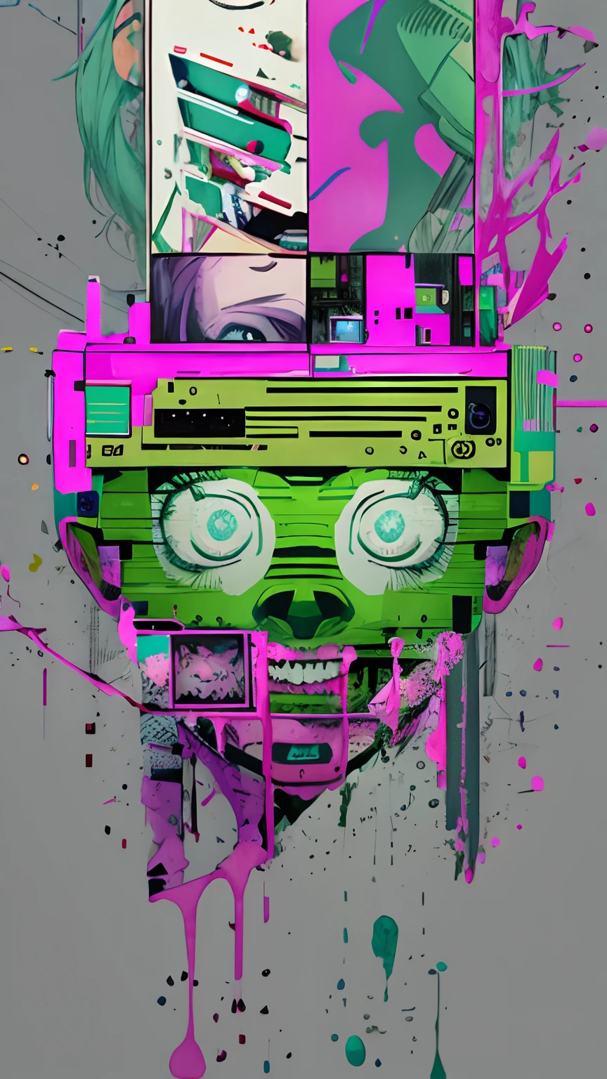 (masutepiece), Best Quality, Expressive eyes, face perfect,(gritty:0.9),(80's aesthetic:1.1),(neons:0.8),(Retro:0.9),(analogue:1.1),(独奏:0.8),(1 person:0.6),(Calavera:0.5),(Sunglasses:0.7),(shinigami:0.5),(Purple and pink color scheme:0.9),(glitched:1.1),(uproar:1.0),(Black and white:0.6),(Drooping letters:0.8),(The aesthetics of vaporwave:1.2),(digital distortion:0.9),(macabre smile:0.7),(blood splash:0.8),(darkness:0.9),
