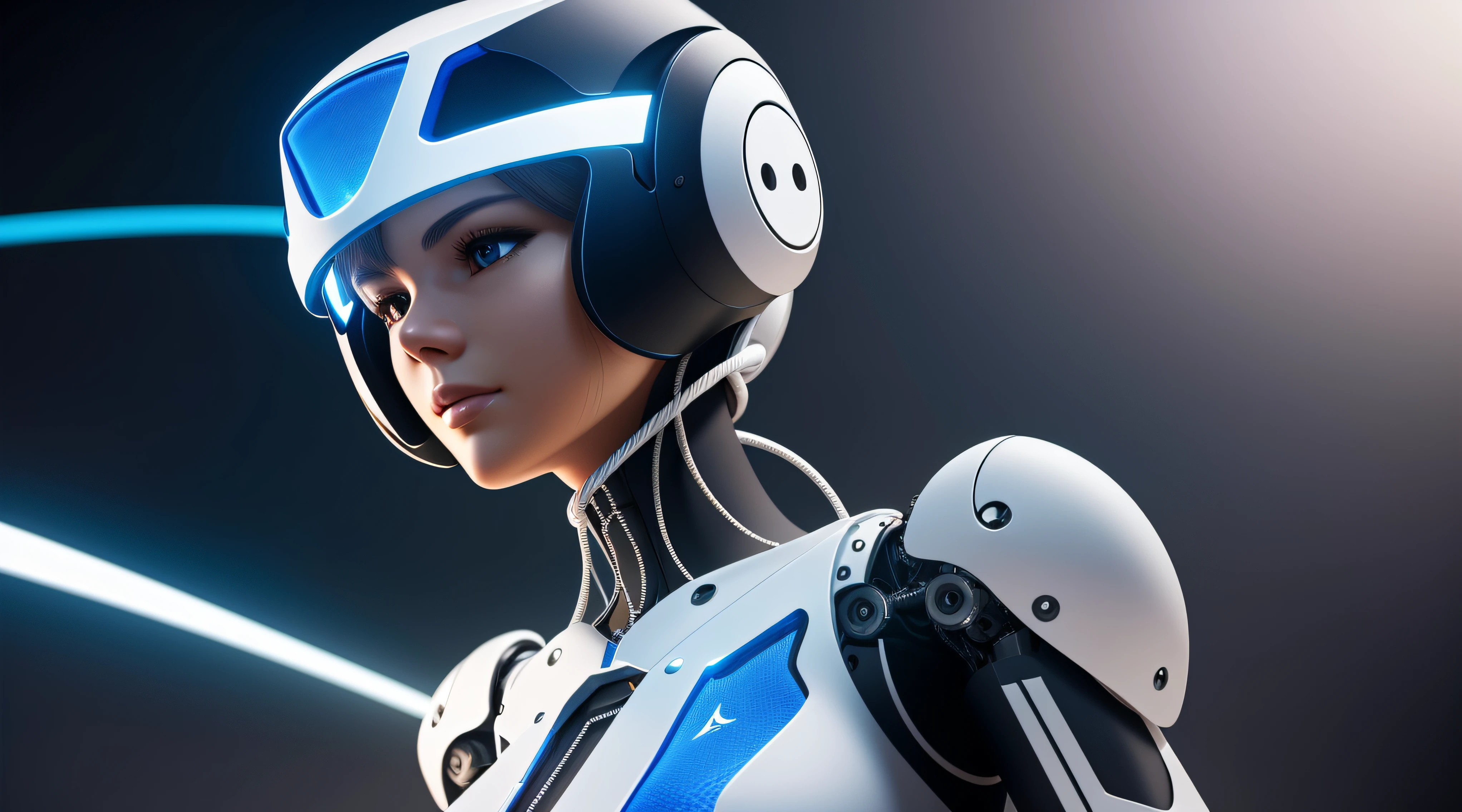 Create an exquisite 3D rendering of a female robotic character crafted from pristine white acrylic plates. She should exude symmetry and perfection, with intricate technological components seamlessly integrated into her body. Adorn her with golden accents that catch and reflect light realistically. Ensure that every detail, including an abundance of cables, gears, wires, and mechanical components, is rendered with the utmost realism and precision. Utilize RTX and ray tracing technology to achieve lifelike lighting, shadows, and reflections. Render the image in stunning UHD 4K resolution for the highest quality. Pay special attention to her hands, ensuring they have realistic textures, proportions, and poses. Additionally, include realistic shadows, lighting, and reflections throughout the scene for a truly immersive and visually stunning masterpiece.